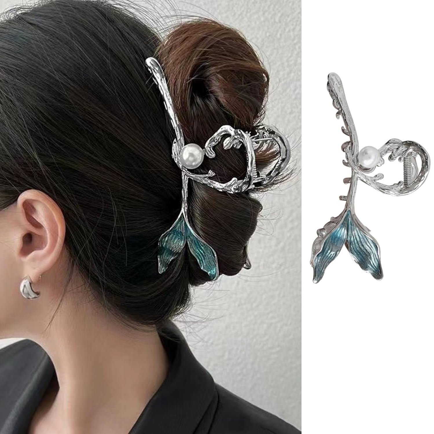 Pinzas para el cabello de cola de pez azul con diseño de perlas, clip de garra de metal para cabello grueso, clip de pelo plateado grande, pinzas de