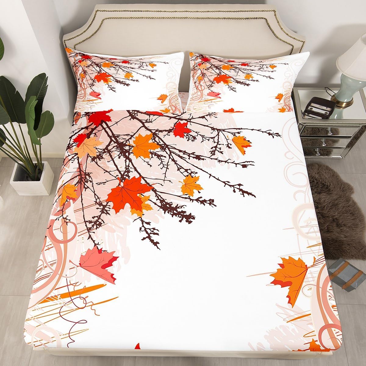 Juego de sábanas de otoño de Acción de Gracias, tamaño King, ropa de cama de granja naranja, juego de sábanas de hojas de arce otoñal, sábanas de