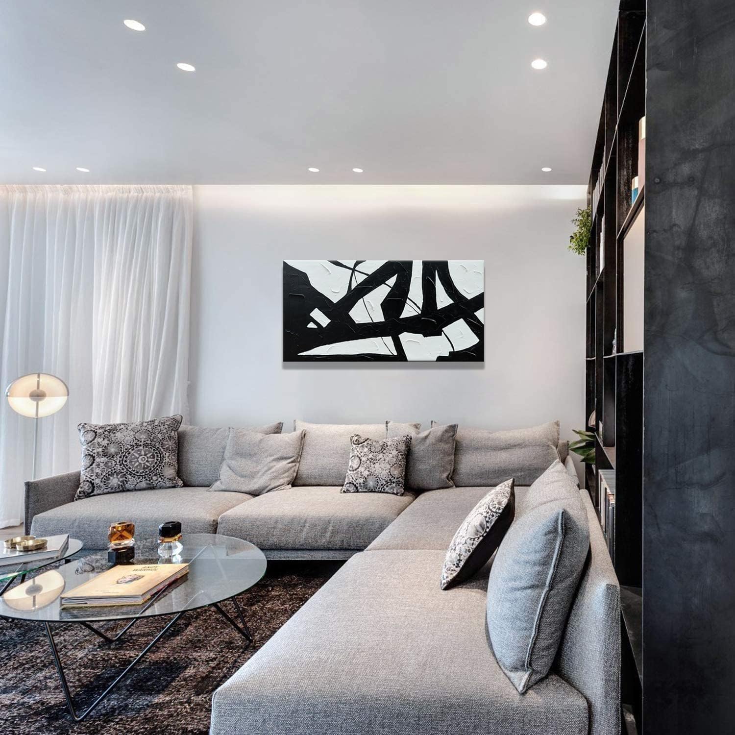 zoinart Lienzo pintado a mano en blanco y negro, 48 x 24 pulgadas, pinturas al óleo modernas, abstractas y modernas, arte de pared con textura