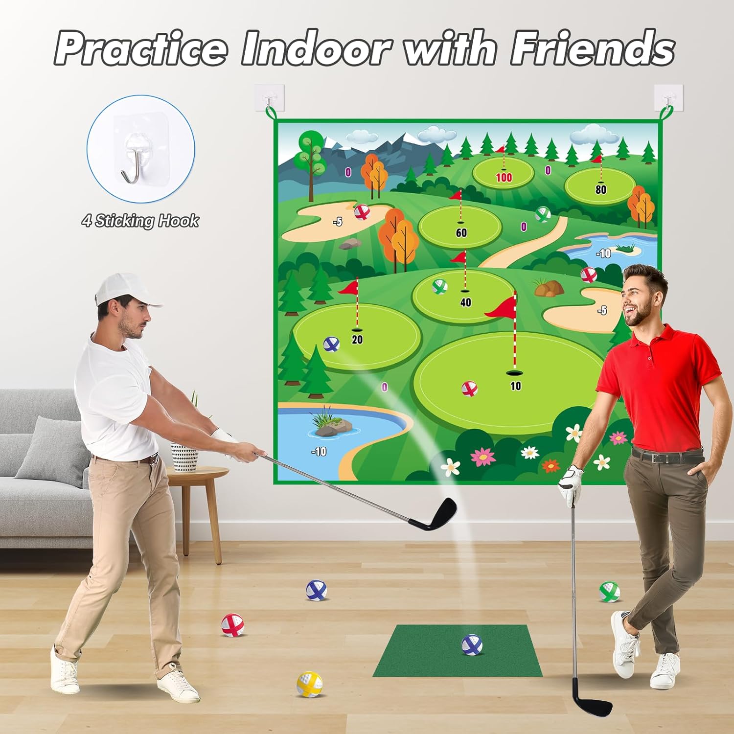 VATOS Alfombrilla de golf con 2 palos, 70 x 70 pulgadas, tapete de entrenamiento de golf para interiores y exteriores, para niños, adultos, familia,