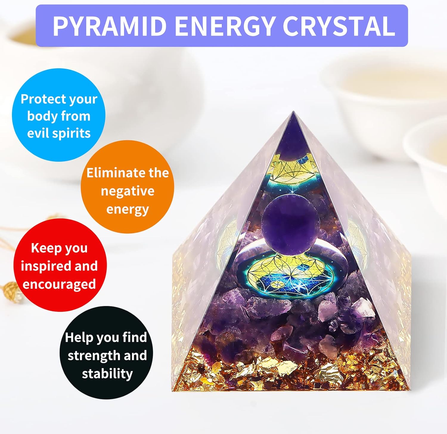 Pirámide de orgón hecha a mano para energía positiva, pirámide de esfera de cristal de amatista, generador de energía de cristales de protección,