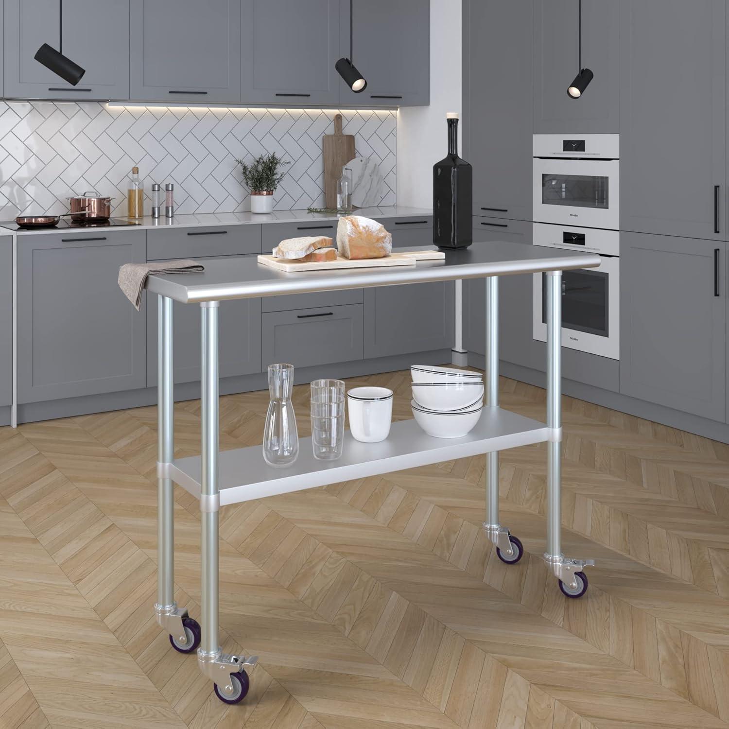Mesa de trabajo AmGood de acero inoxidable de 18 x 48 pulgadas con ruedas  Mesa móvil de metal  Preparación de alimentos