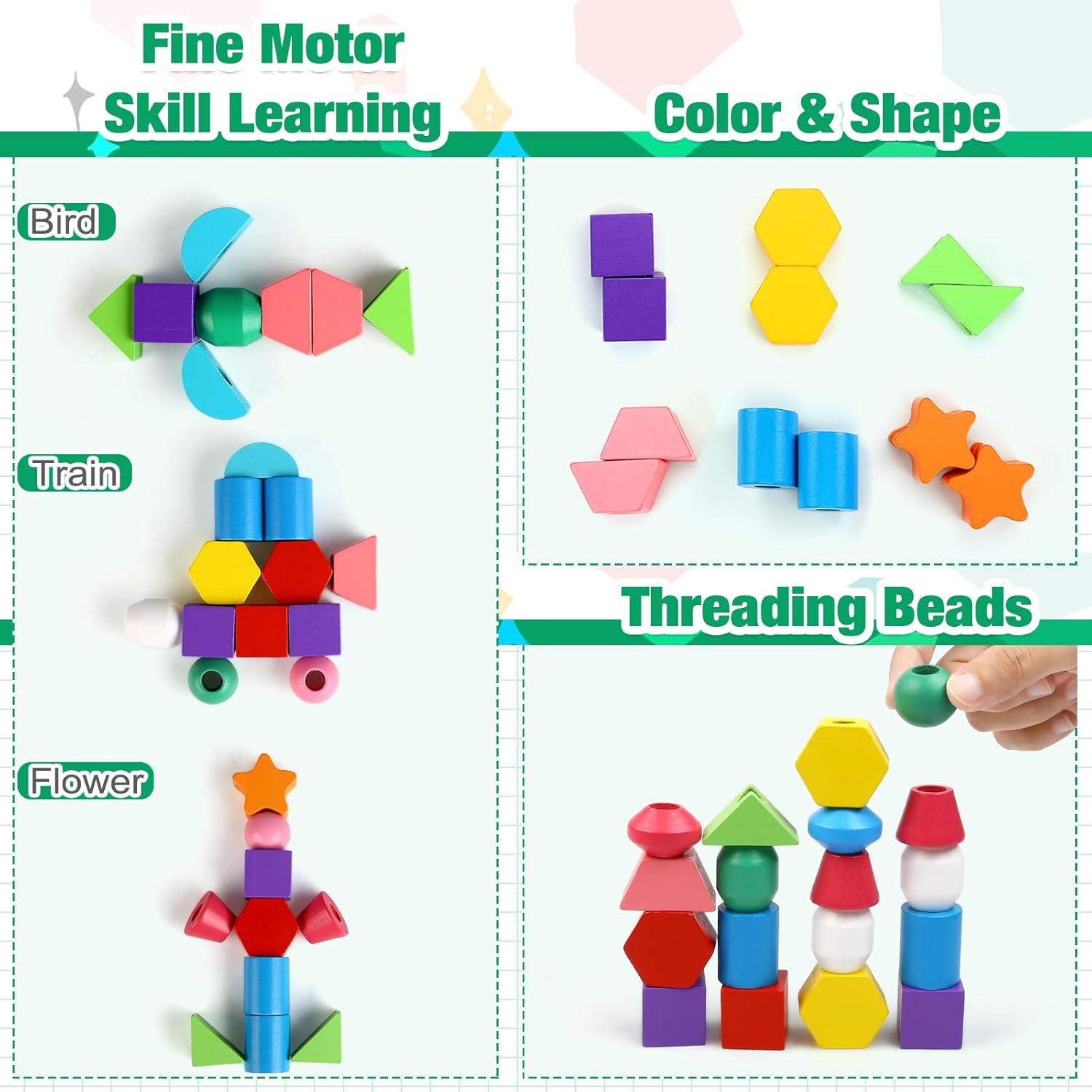 Juguetes Montessori de madera para niños pequeños, juguetes educativos de aprendizaje, bloques apilables y cuentas de cordones y apilador de formas
