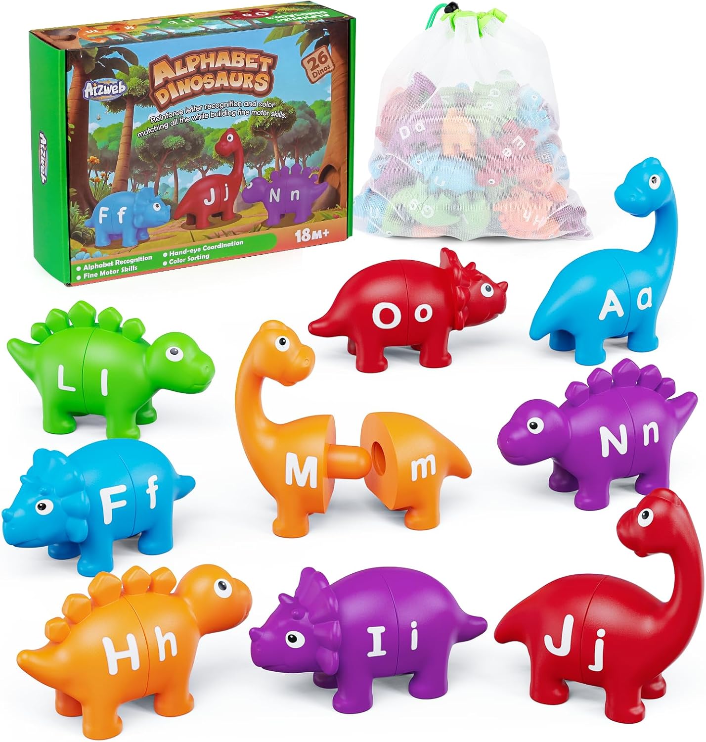 Aizweb Juguetes de aprendizaje del alfabeto, juego de letras a juego de clasificación de colores de dinosaurios para niños pequeños, actividades de