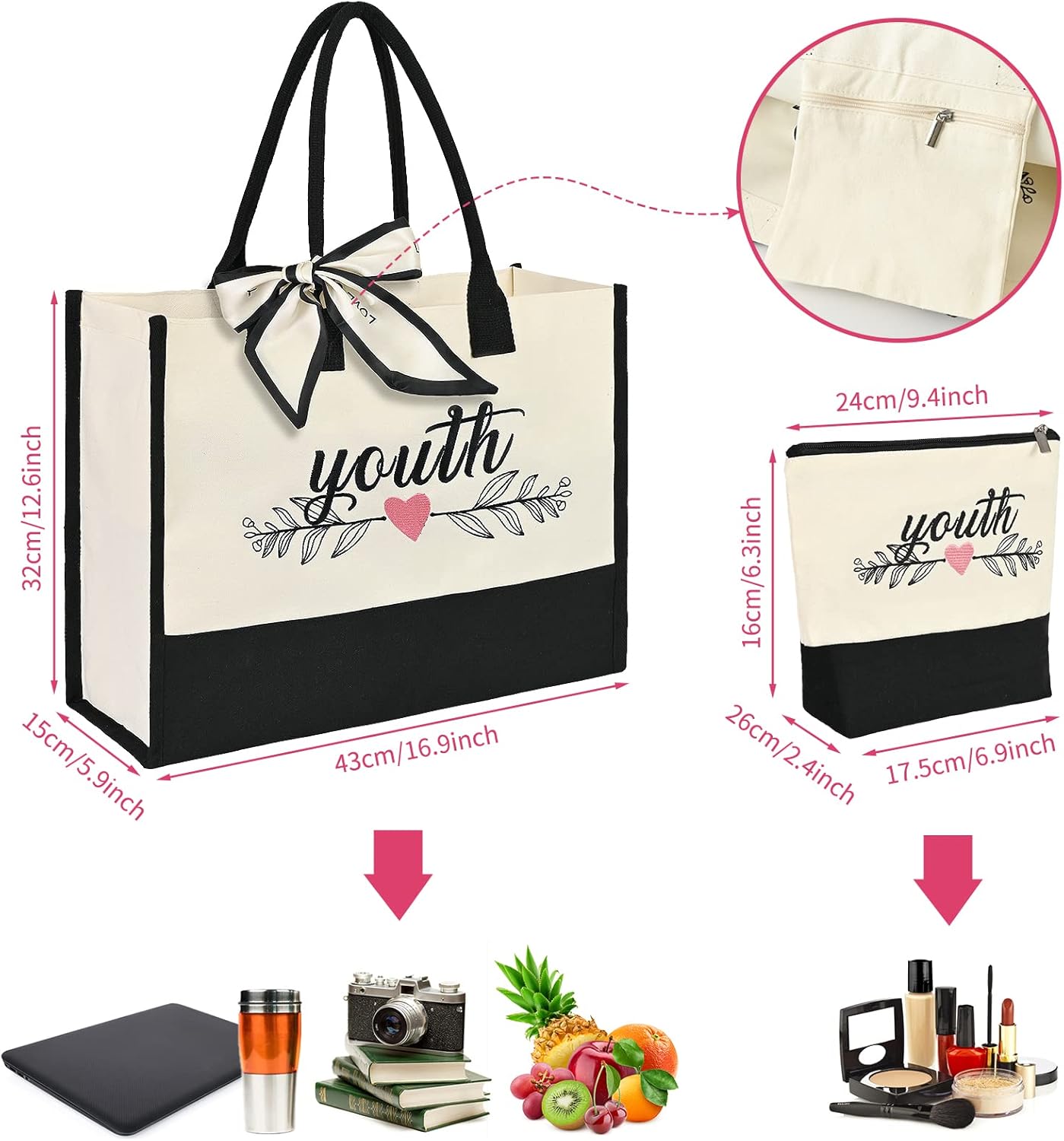 Initial Canvas Beach Bag,Monogrammed Gift Tote Bag for Women,Suitable for Wedding, Birthday, Beach, Holiday