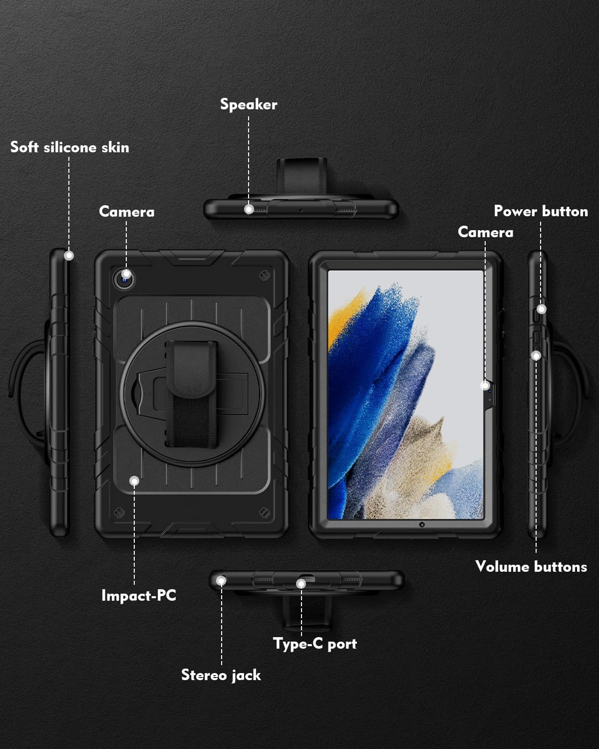 Funda para Samsung Galaxy Tab A8 de 10.5 pulgadas, a prueba de golpes soporte giratorio correa de mano y correa de hombro Funda para tableta Samsung