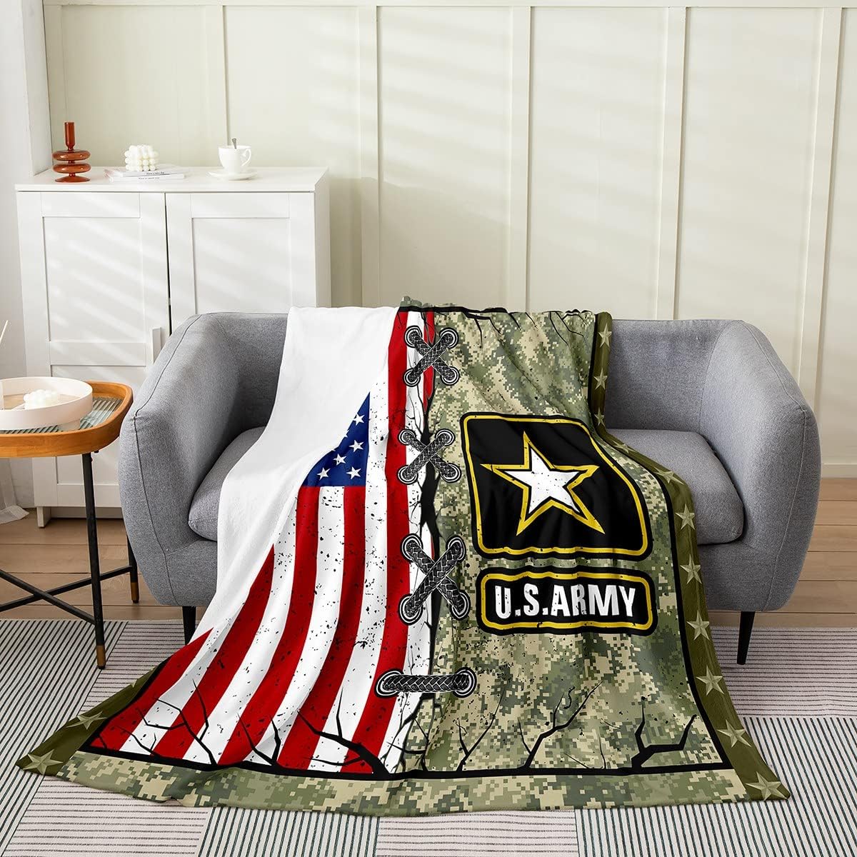 Erosebridal Manta de bandera estadounidense tamaño Queen de 90 x 90 pulgadas para adultos y niños, manta de camuflaje verde militar, manta de forro