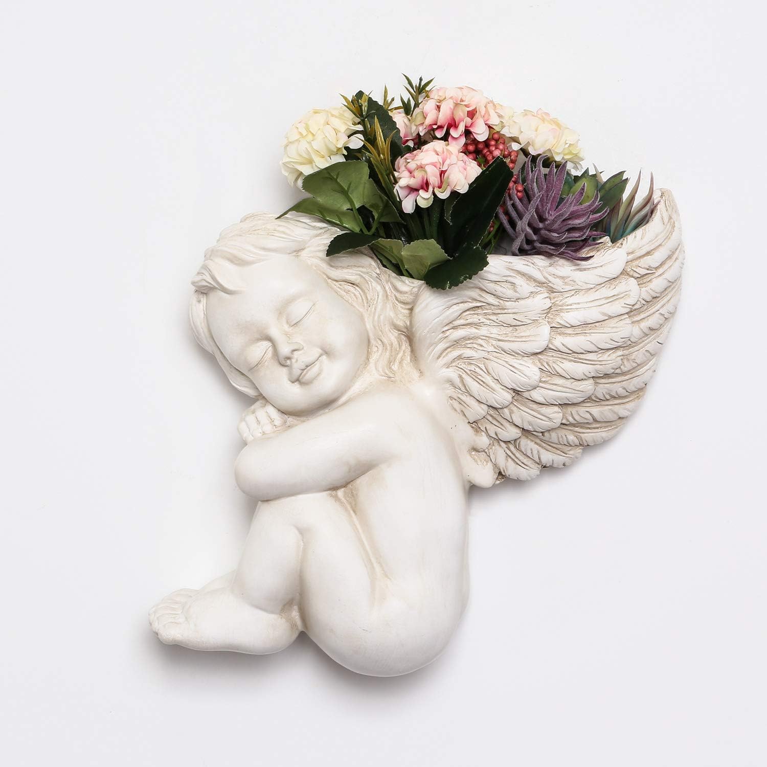Maceta para colgar en la pared y superficie plana, con cabeza de ángel de 8 pulgadas, soporte para flores, jarrón de resina para muñeca, maceta de