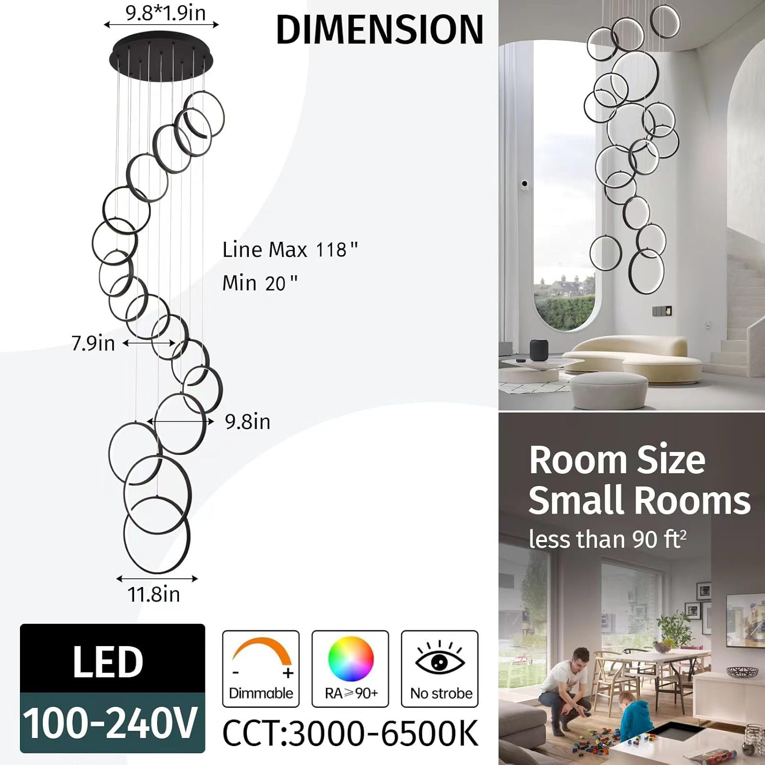 Modern Chandelier,Dimmable Black Chandelier with Remote Control 16 Rings Pendant Light Adjustable Height Hanging High Ceiling Light Fixture,for