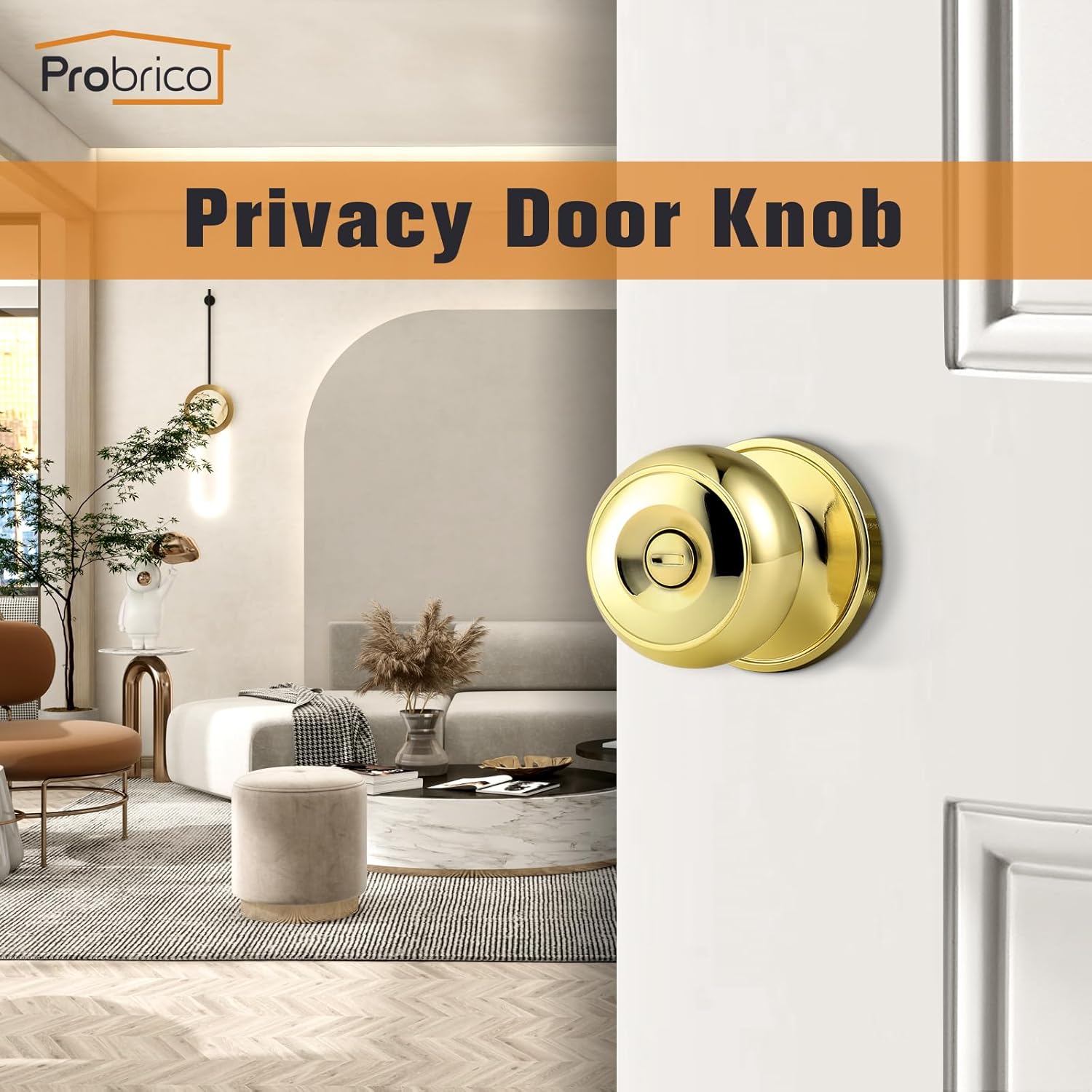 Probrico Perillas de puerta interior para dormitorio y baño, cerradura de puerta de privacidad de latón pulido, perilla de puerta sin llave, perilla