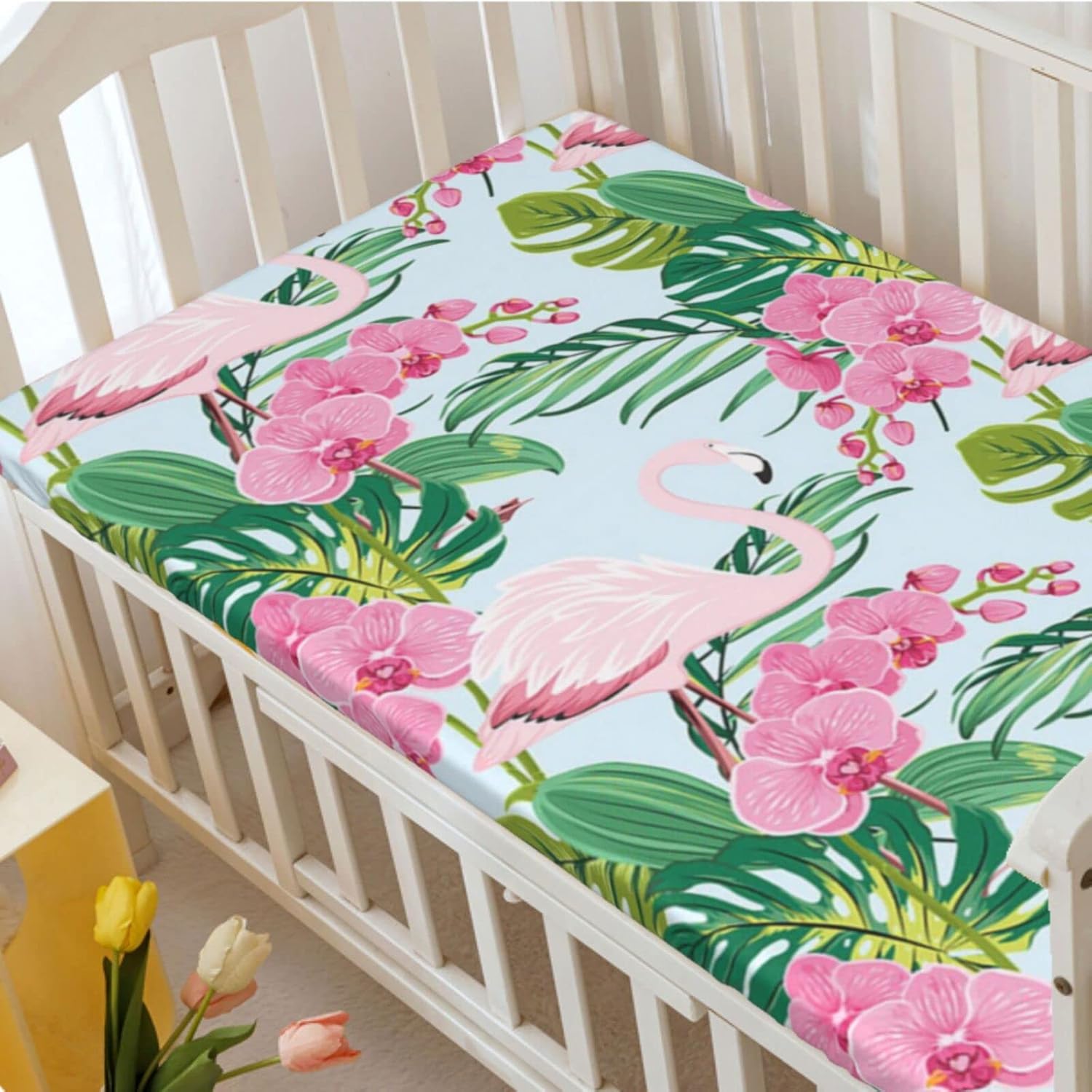 Sábana bajera ajustable para cuna con temática de flamenco, sábana bajera estándar para cuna, material ultra suave, ideal para habitación de niños o