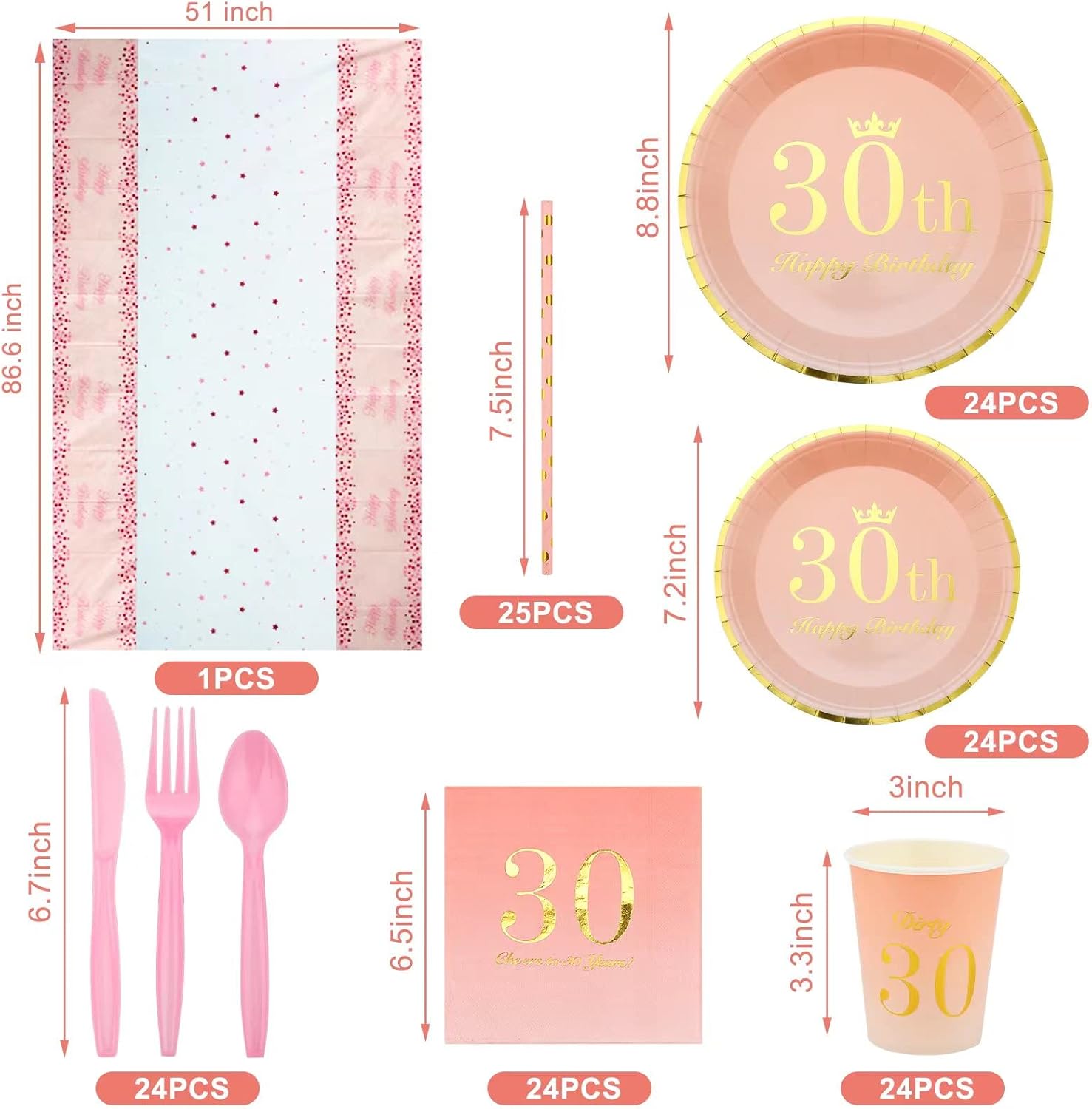 Decoraciones de cumpleaños número 30 para mujer  Total de 194 piezas de vajilla desechable para 24 invitados, incluye platos de papel de 9 pulgadas,