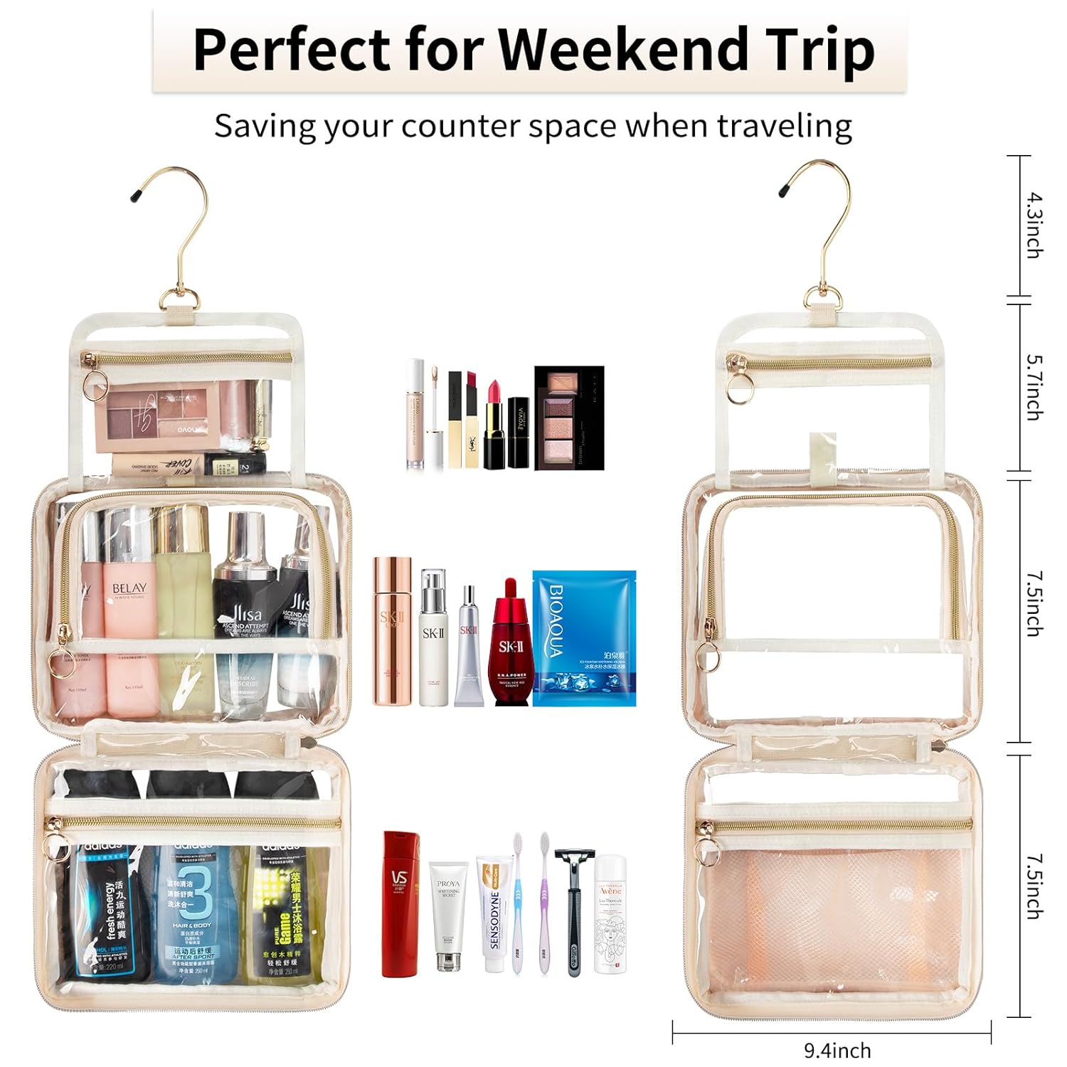 CUBETASTIC Bolsas de maquillaje transparentes, bolsa de aseo para artículos de tocador, bolsa de viaje colgante para artículos de tocador, 3