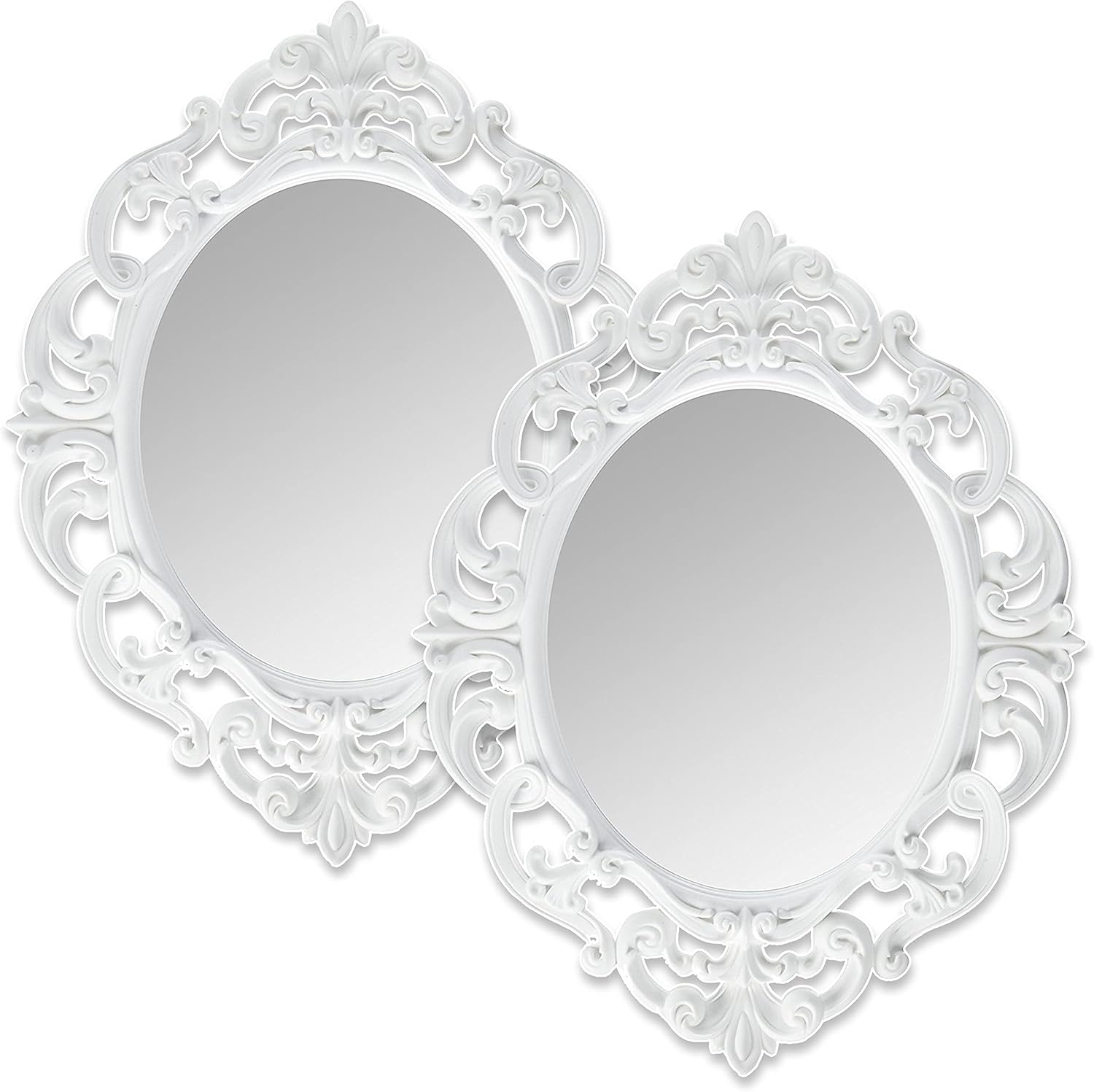 ANDALUS Espejo vintage ovalado blanco pequeño con práctico gancho de diente de sierra en la parte posterior, paquete de 2, espejo de pared ligero