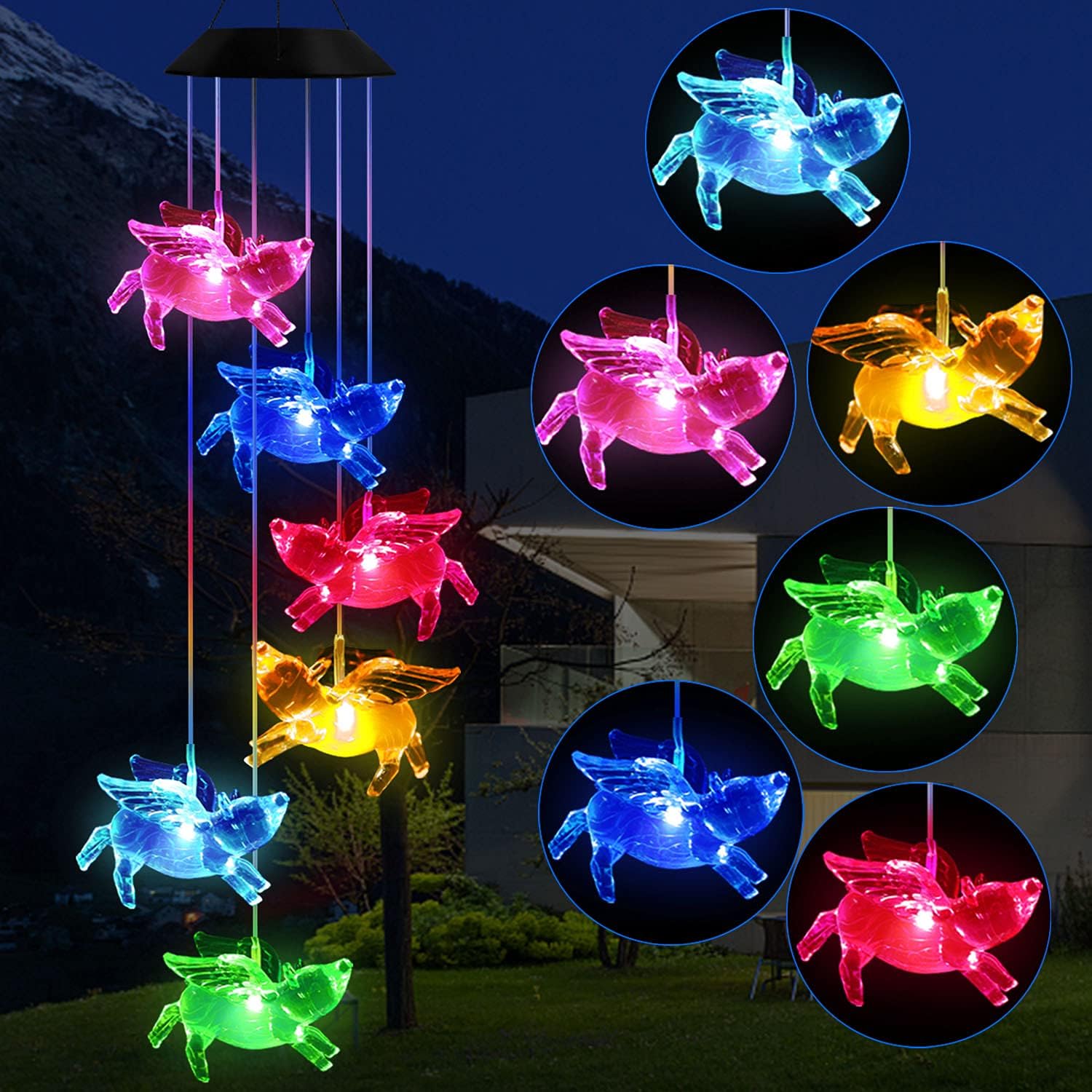 Campanillas de viento de cerdos moscados, campanillas de viento de cerdos que cambian de color, luces solares impermeables de cerdos voladores,
