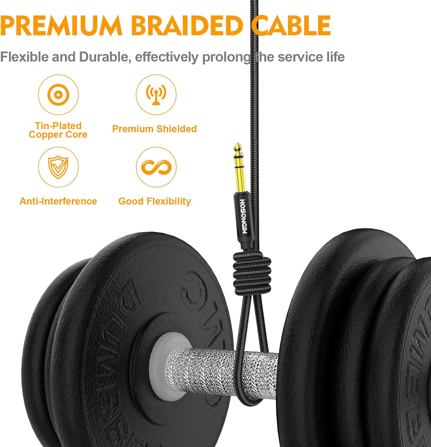 HOSONGIN Cable TRS para instrumentos de 14 de pulgada, paquete de 2 unidades de 10 pies, cable de audio estéreo macho de ángulo recto a recto de