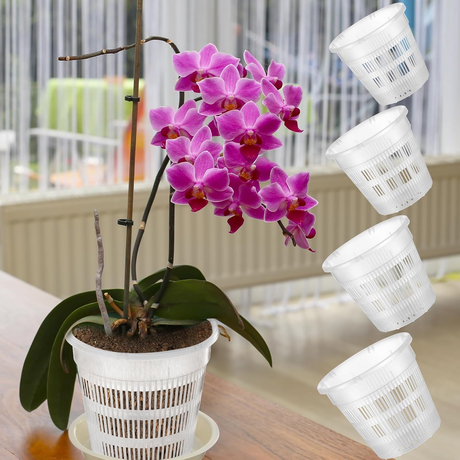 Macetas de orquídeas de 4.55.567.5 pulgadas con agujeros y platillos, macetas de plástico transparente para jardín, trasplante de orquídeas, macetas