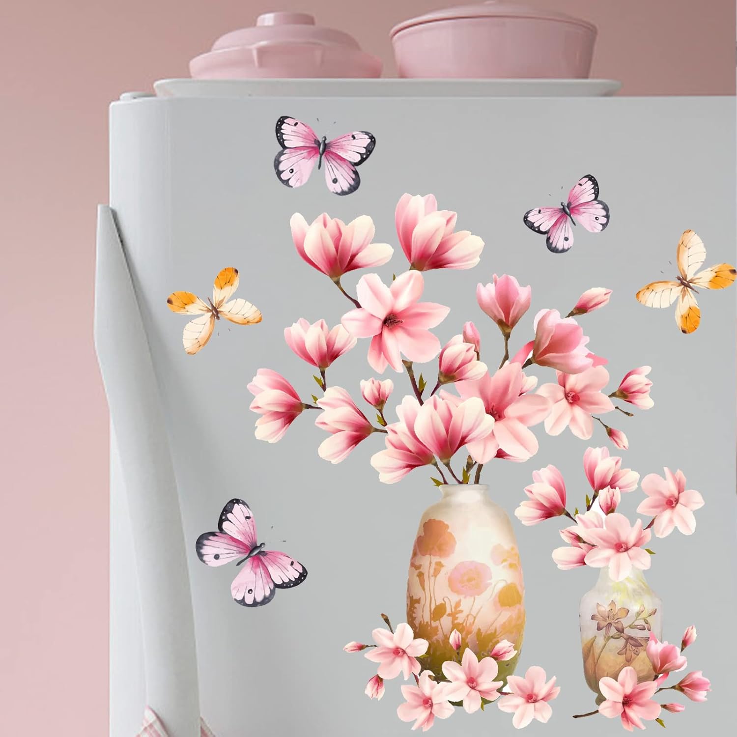 Jarrón 3D de flores rosas, ramo de flores rosas, calcomanías de pared extraíbles de vinilo para despegar y pegar, calcomanías de pared para sala de