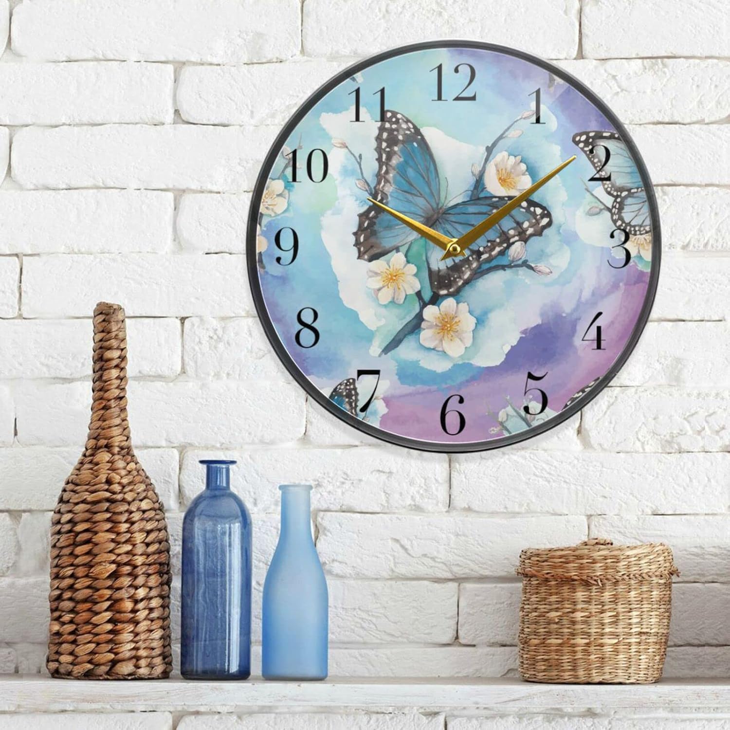 xigua Reloj de pared acrílico con diseño de flores de mariposa y acuarela, silencioso, funciona con pilas, 11.9 pulgadas para el hogar, dormitorio,