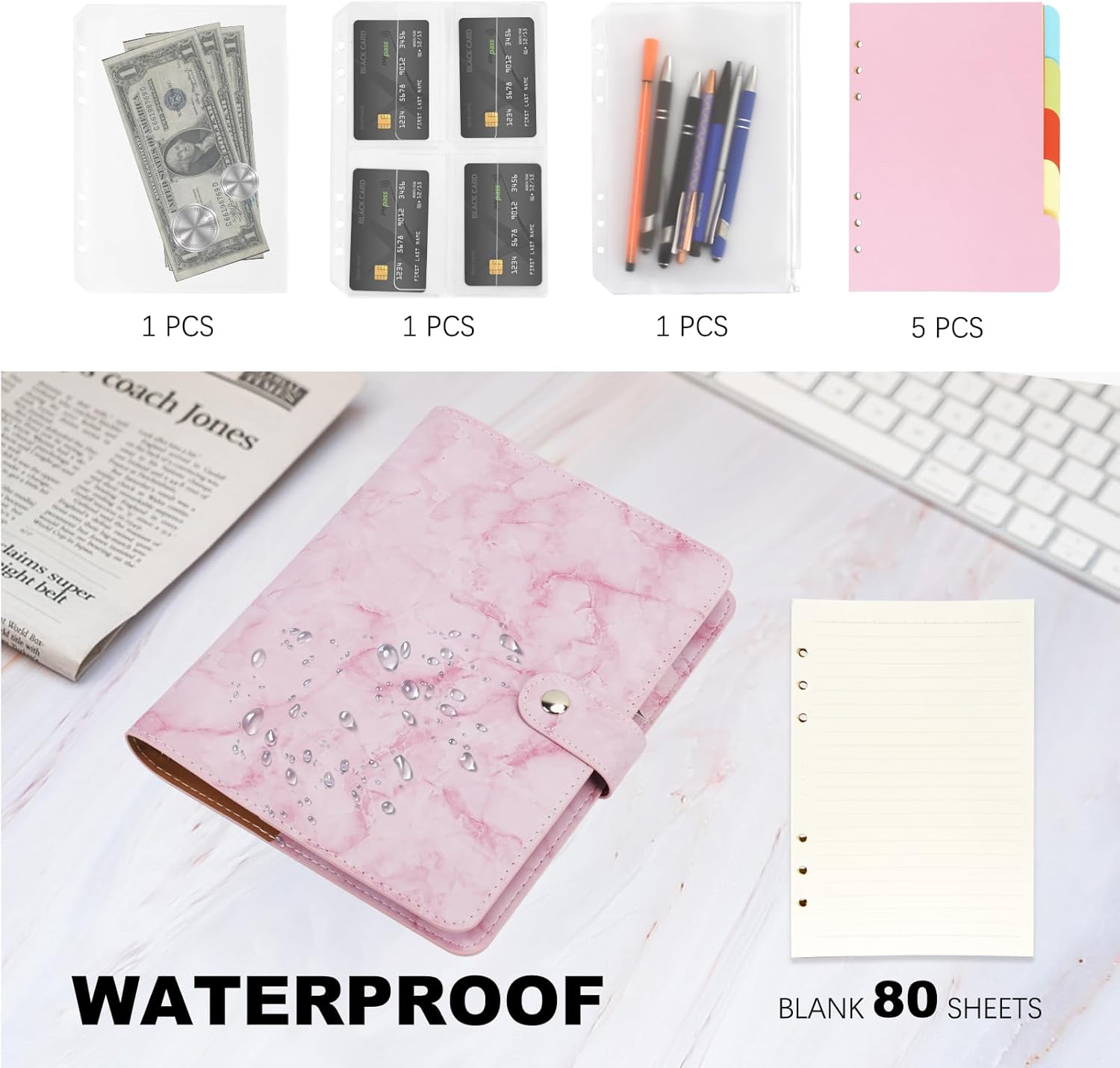 FYY Carpeta de cuero A5 con 6 anillas, cuaderno recargable A5 con bolsillos para carpeta, divisores A5, papel de repuesto A5, carpeta de viaje de