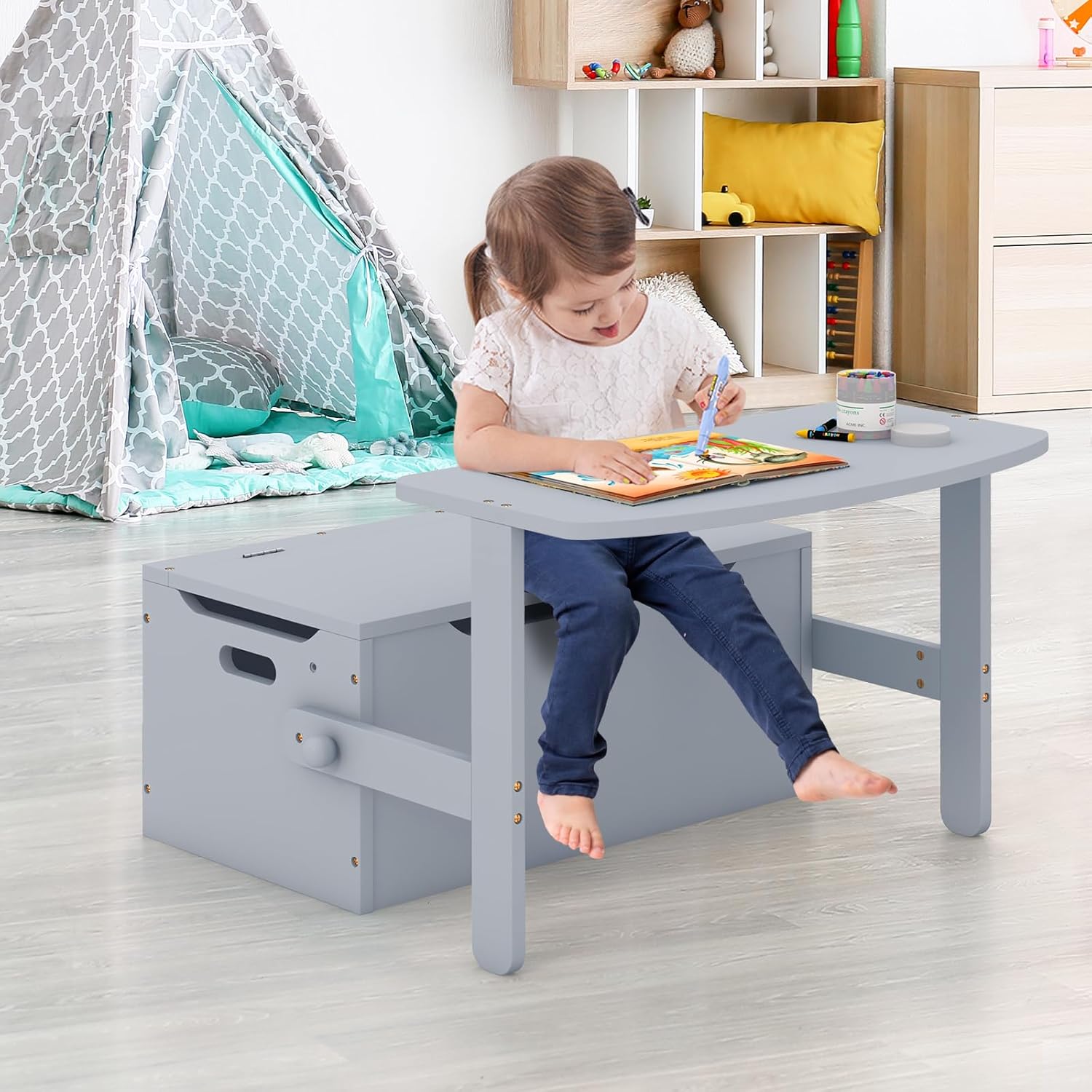 Costzon Juego de mesa y silla para niños, banco de almacenamiento de juguetes convertible con asa integrada para jardín de infantes, preescolar,
