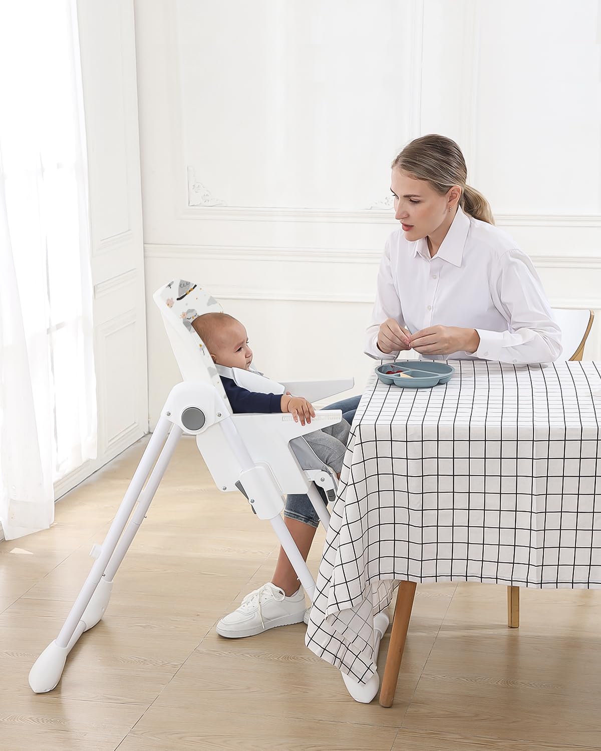 ACE1023-GS – Trona para bebés de 6 meses con reino de fantasía, plegable, reclinable, bandeja doble, silla alta de alimentación fácil de limpiar