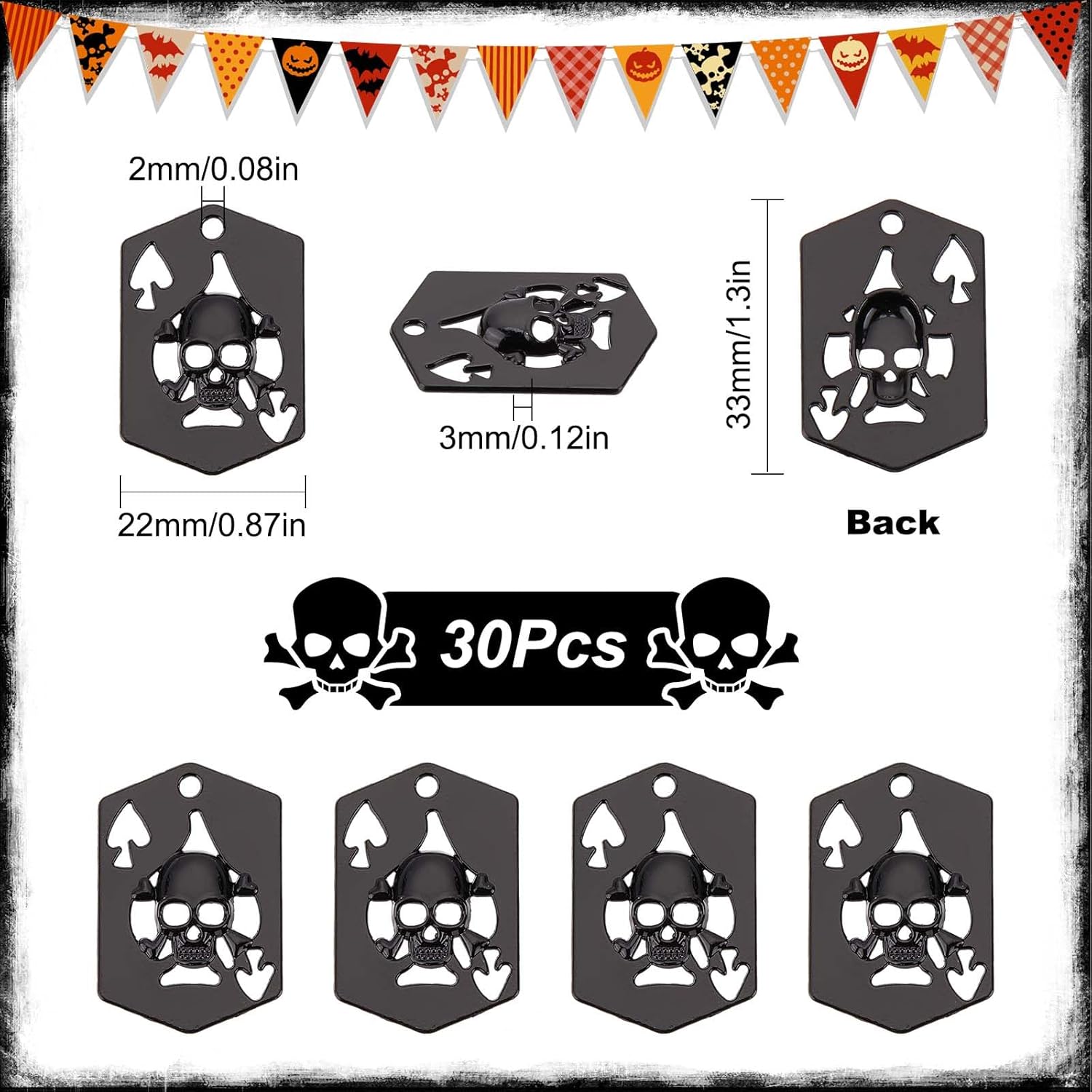 SUNNYCLUE 1 caja de 30 dijes negros de estilo gótico de Halloween, diseño de calavera, cabeza de esqueleto, póker, as de espadas, cartas huecas de