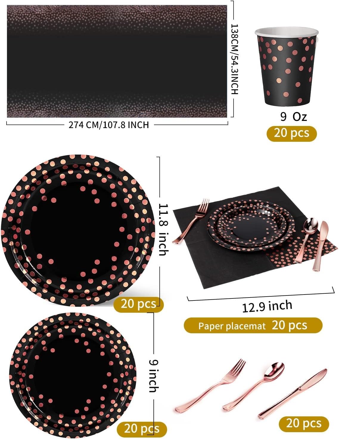 141 piezas de suministros de fiesta de color negro y oro rosa, los juegos de vajilla de fiesta incluyen platos de papel, servilletas, tazas y