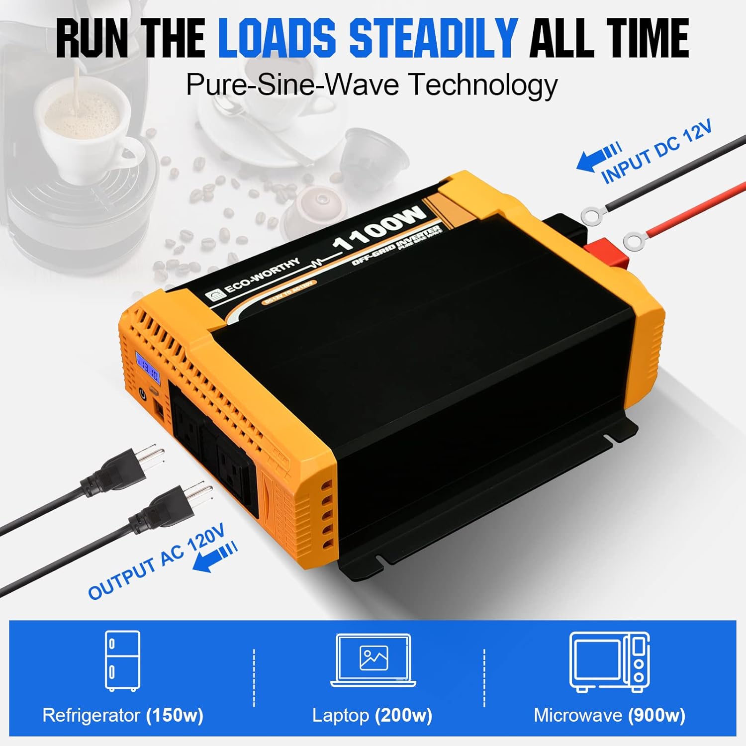 ECO-WORTHY Inversor de energía solar de onda sinusoidal pura de 1100 W, 12 V CC a 120 V CA con puerto USB dual integrado de 18 W, 2 salidas de CA, 1