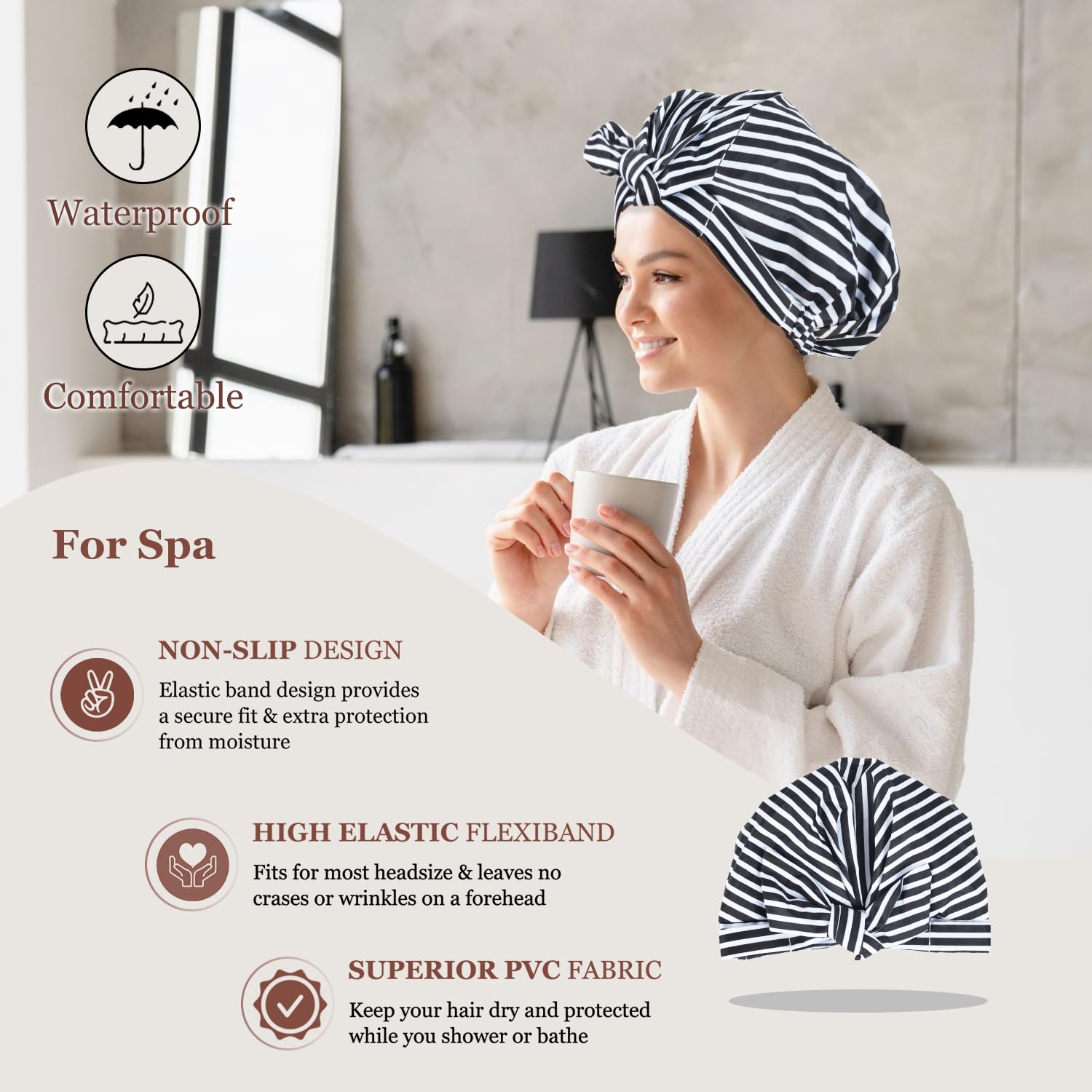 Luvruitaky Gorro de ducha de lujo para mujer, reutilizable, impermeable, para ducha, con moño ajustable, gorro de baño (rayas negras)