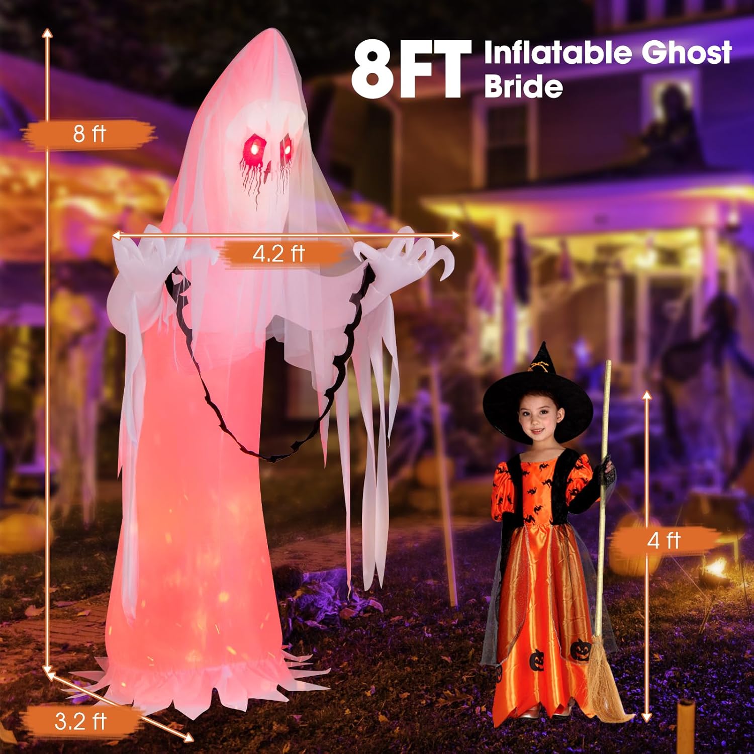 Tangkula Fantasma inflable de Halloween de 8 pies, novia fantasma inquietante inflable con luz LED de llama, decoración de vacaciones al aire libre