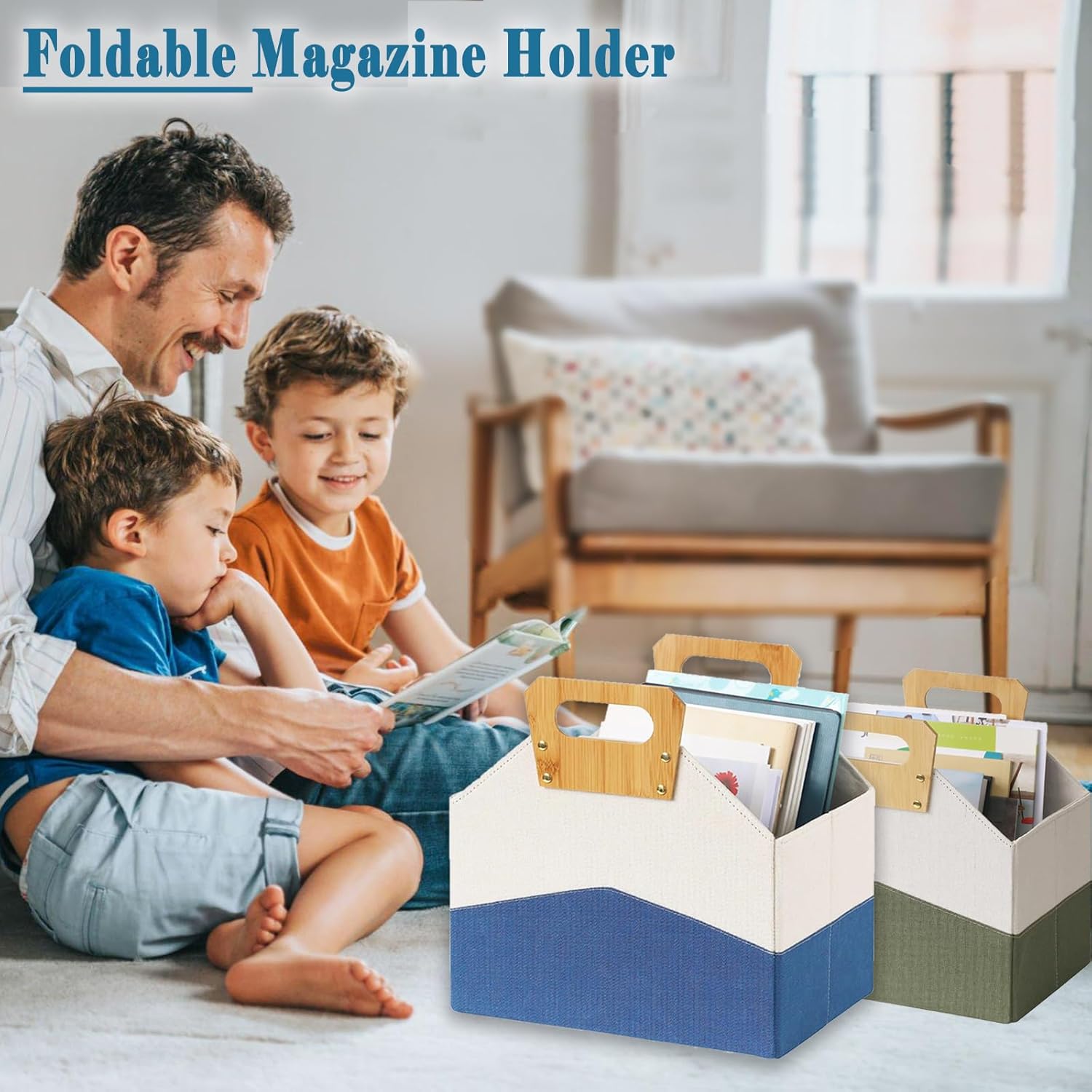 Paquete de 2 revisteros, revistero plegable con mango de bambú, soporte duradero para revistas, carpeta de suelo, organizador de libros de juguetes,