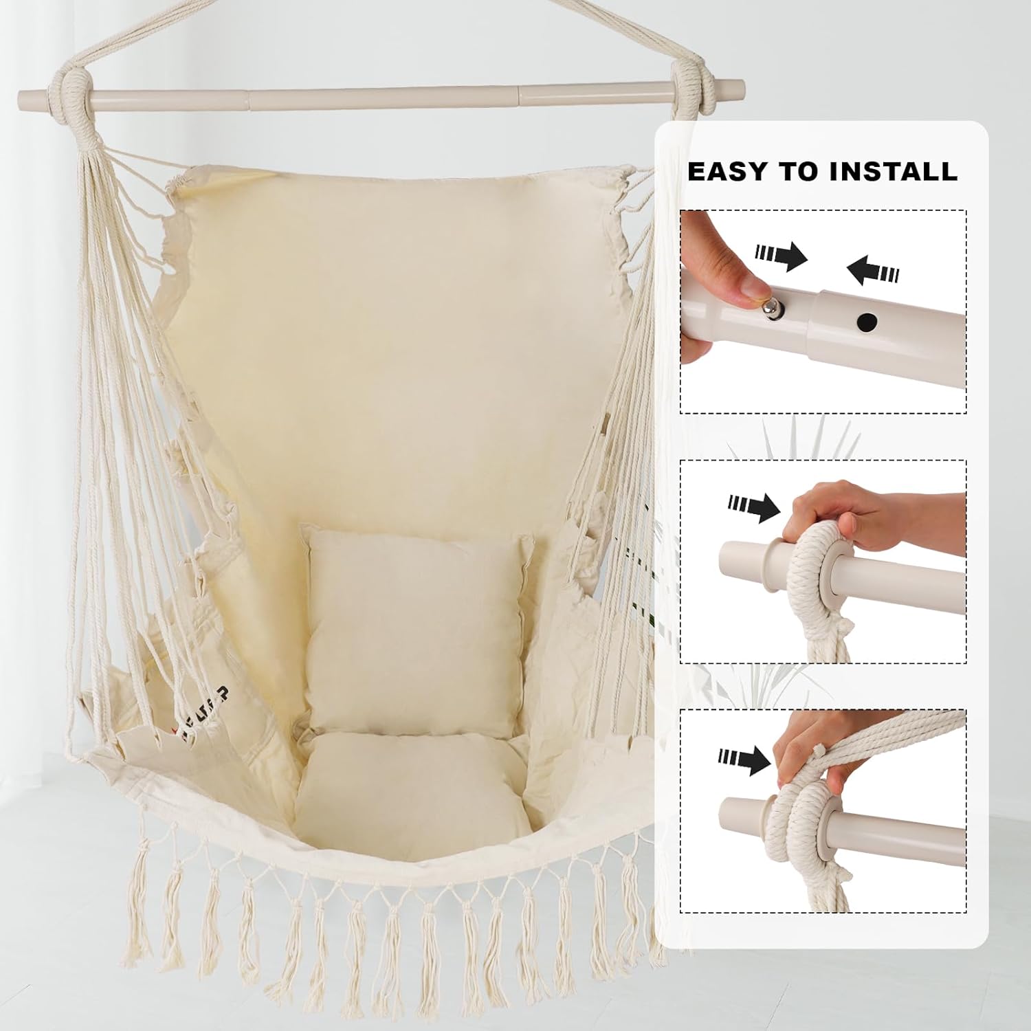 Silla hamaca colgante de cuerda con soporte para reposapiés, 2 cojines incluidos, máximo 500 libras, barra separadora de acero resistente y segura