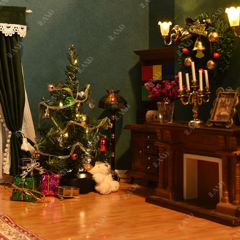 iLAND Accesorios de casa de muñecas para decoración de Navidad, árbol de Navidad en miniatura brillante con regalos para puerta de elfo y puerta de