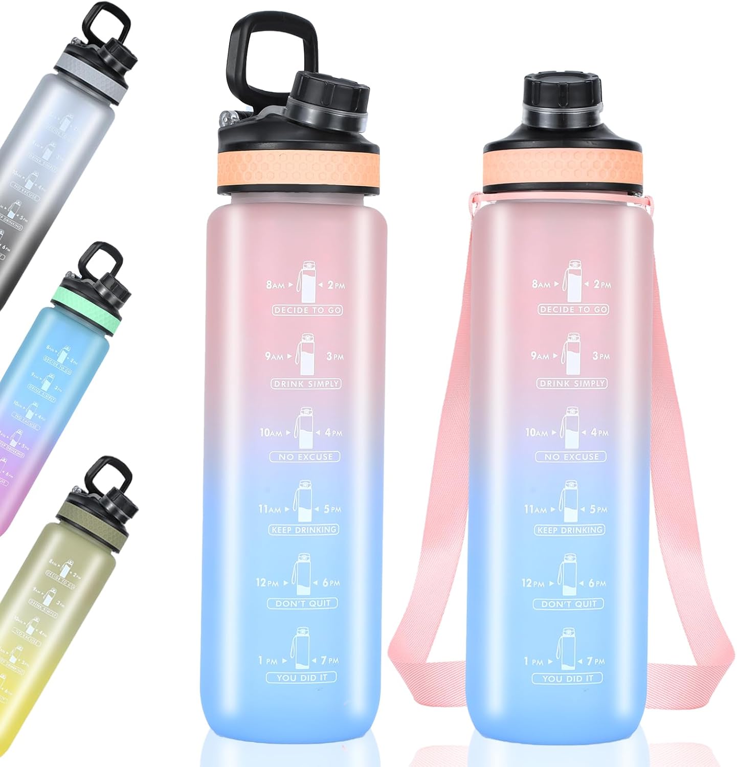 Botella de agua de 34 onzas, botella de bebida motivacional con marcador de tiempo, botella de bebida a prueba de fugas, sin BPA, no tóxica para