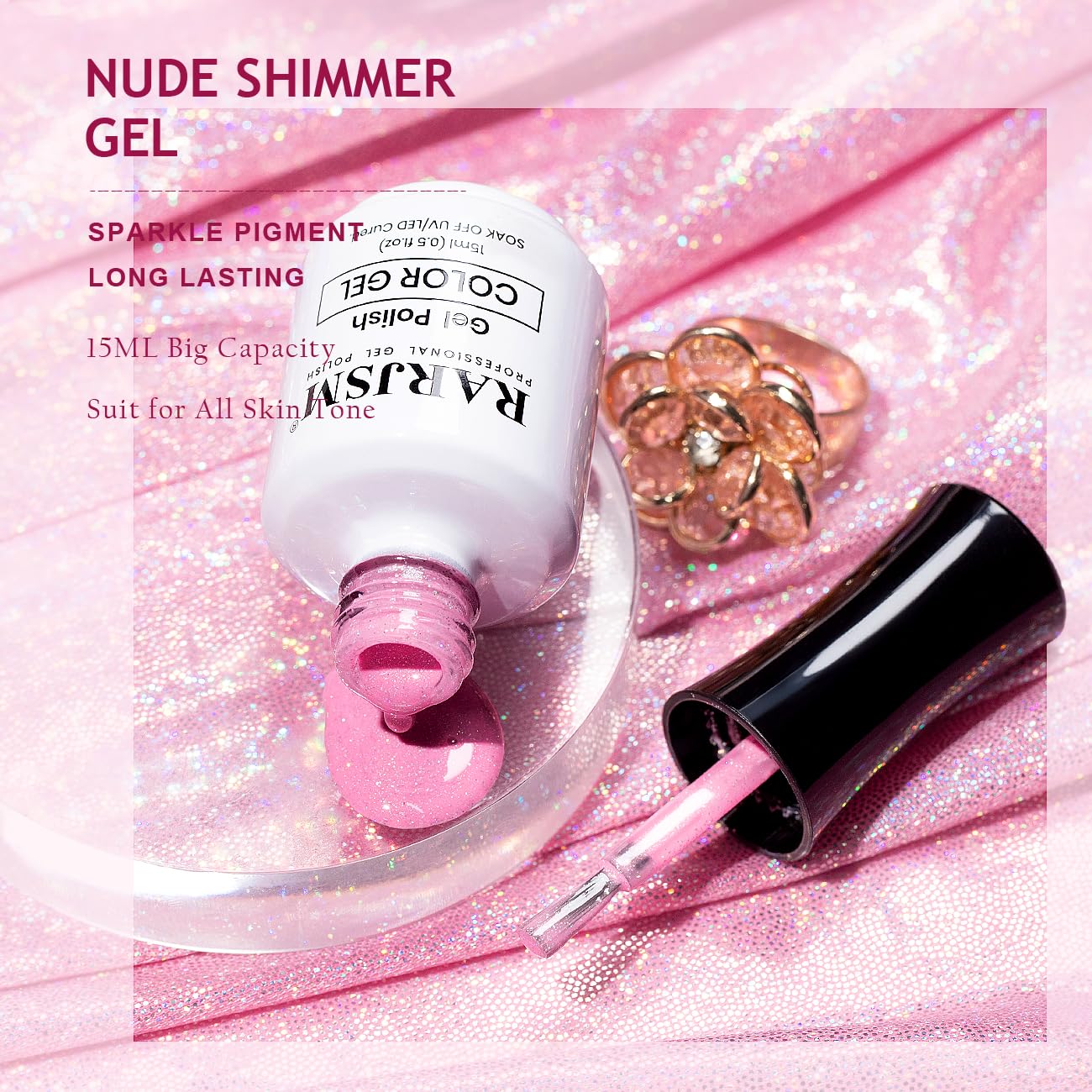 RARJSM Esmalte de uñas de gel iridiscente rosa intenso nude transparente brillante rosa neón con purpurina, esmalte de gel neutro brillante para