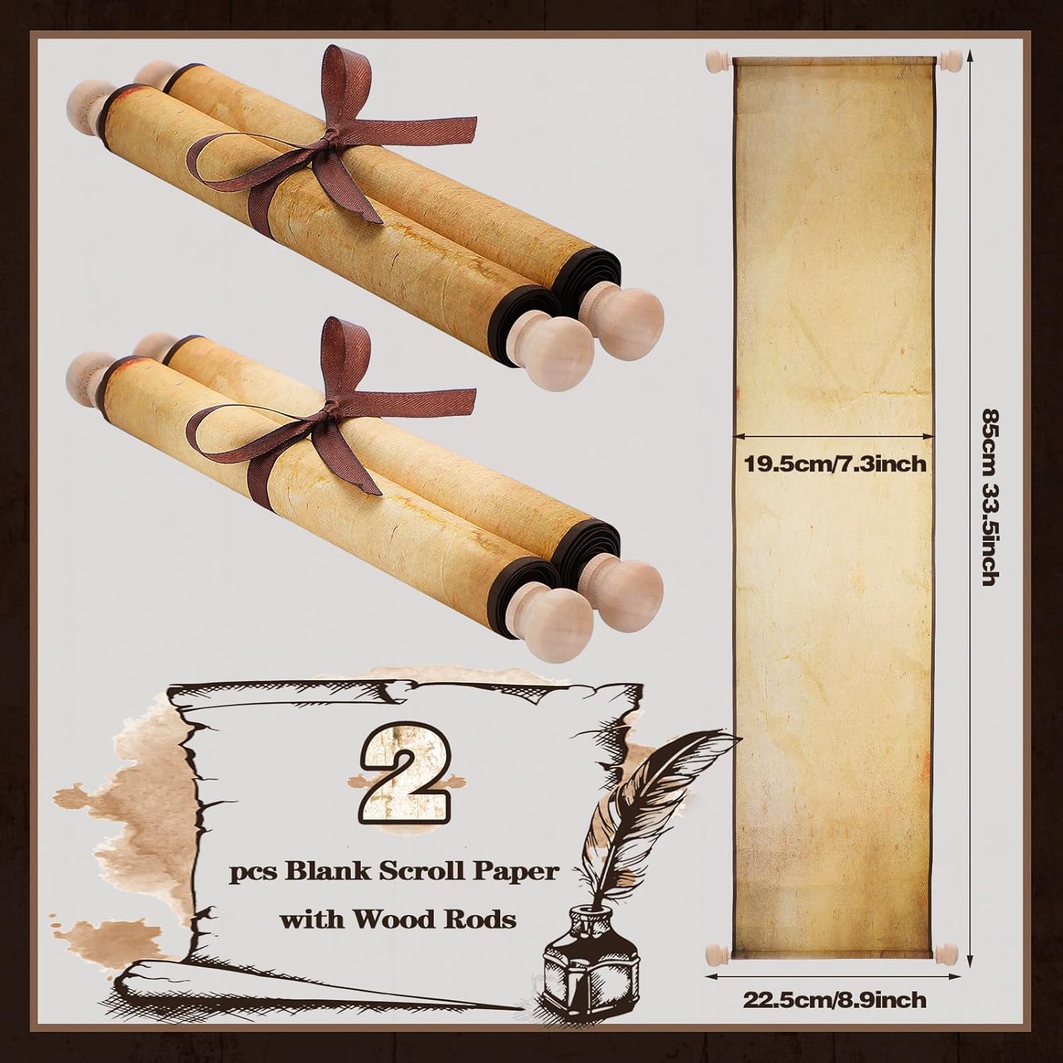 Paquete de 2 rollos de papel vintage en blanco envueltos en barra de madera, pergamino en blanco de larga edad para escribir, dibujar, caligrafía,