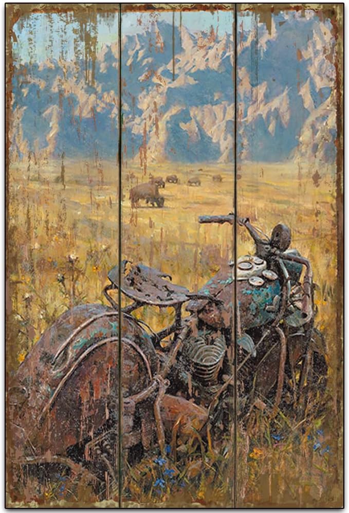 Free Pintree Letreros de madera para motocicleta desgastada, divertido entusiasta de la motocicleta, diseño retro original, letreros de madera, arte