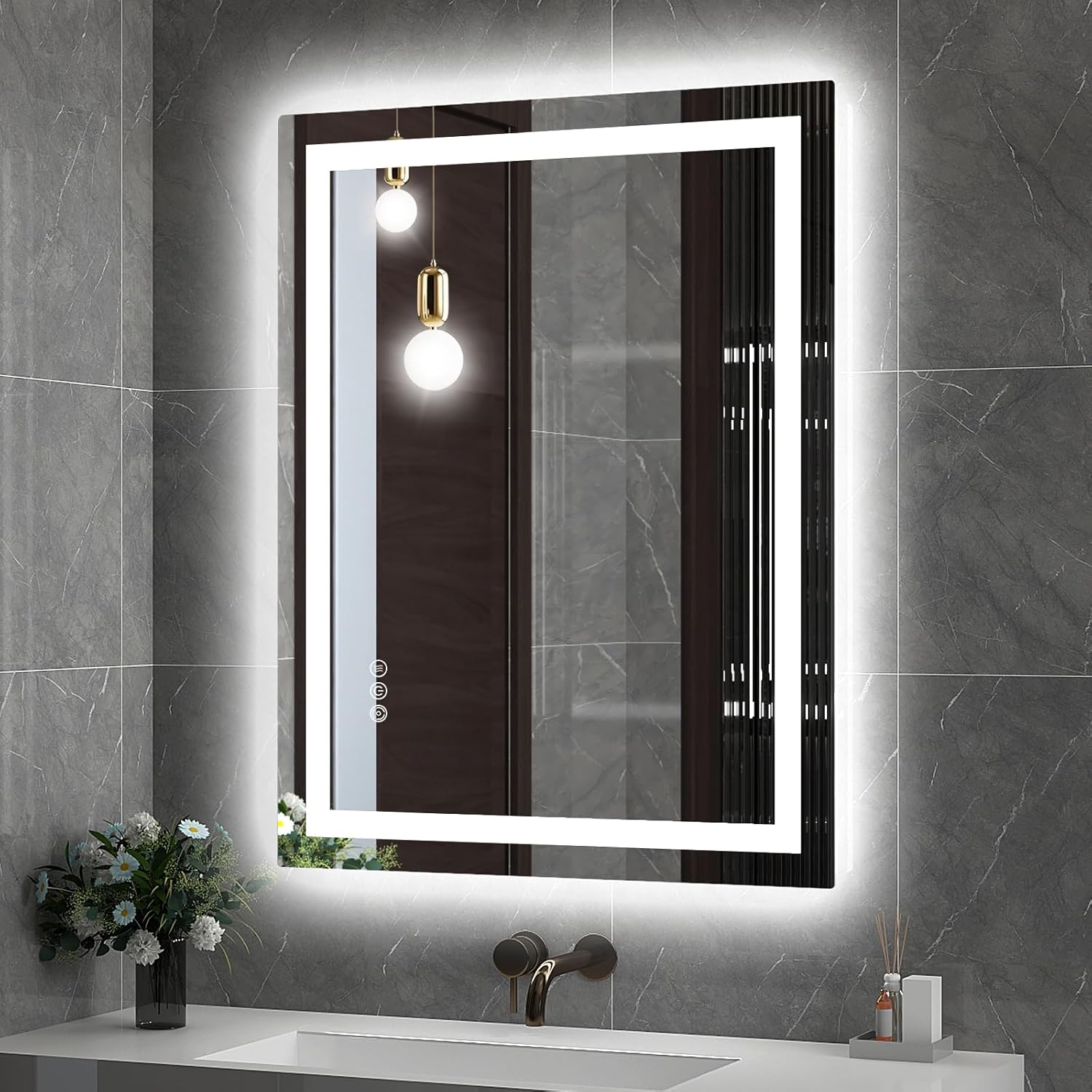 Twalsu Espejo LED de 36 x 28 pulgadas para baño con tiras LED dobles, espejos iluminados delanteros y retroiluminados para pared de baño, 3 colores