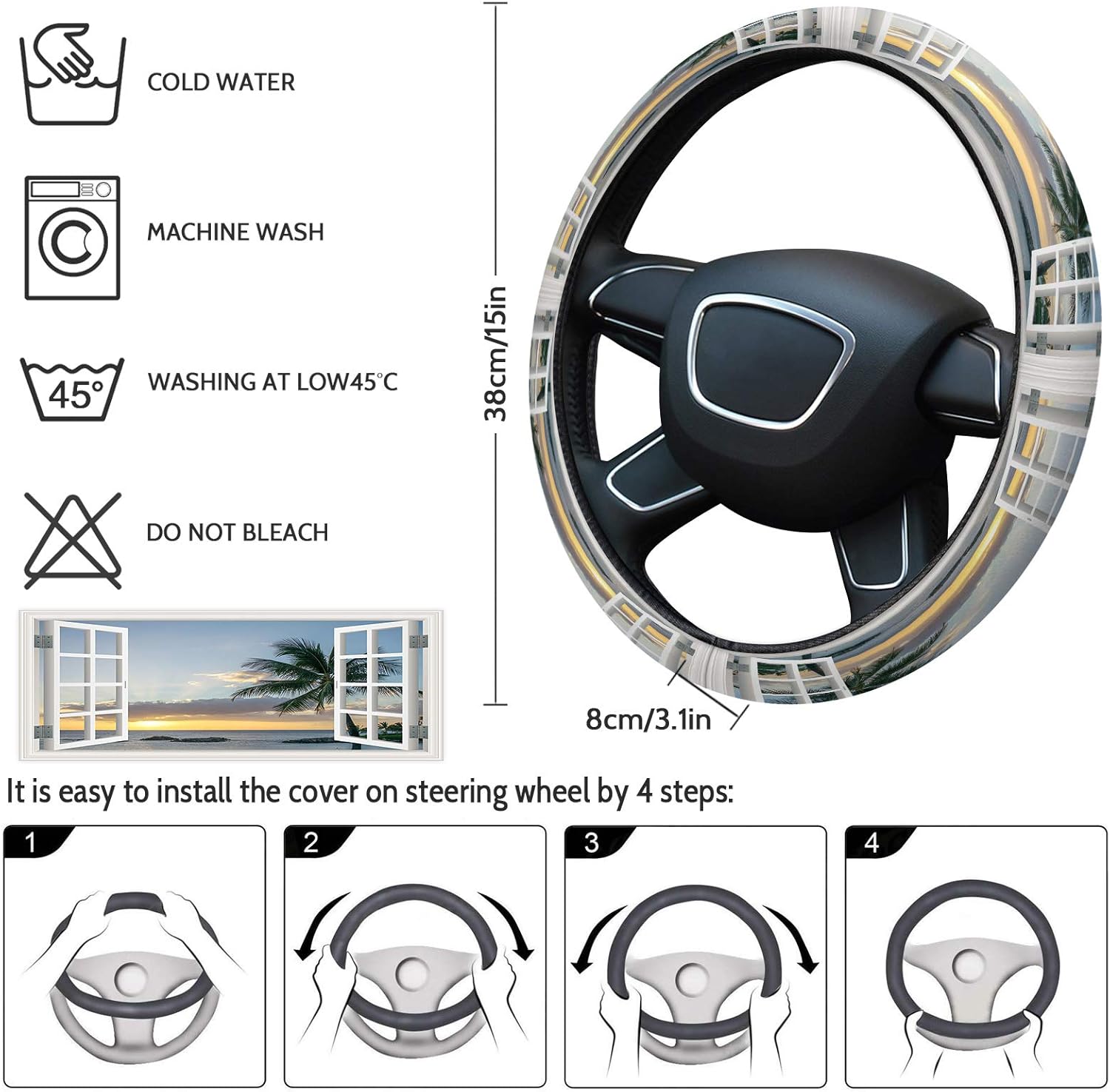 Funda para volante de automóvil, puesta de sol de playa a través de ventanas de madera blanca, esponja elástica elástica para volantes, cubierta