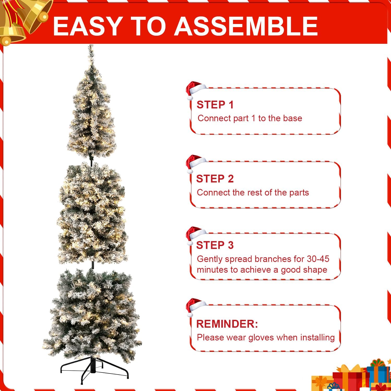 Árbol de Navidad preiluminado de 7.5 pies, árbol de Navidad artificial delgado con bisagras de metal y base para el hogar, tiendas, oficina,
