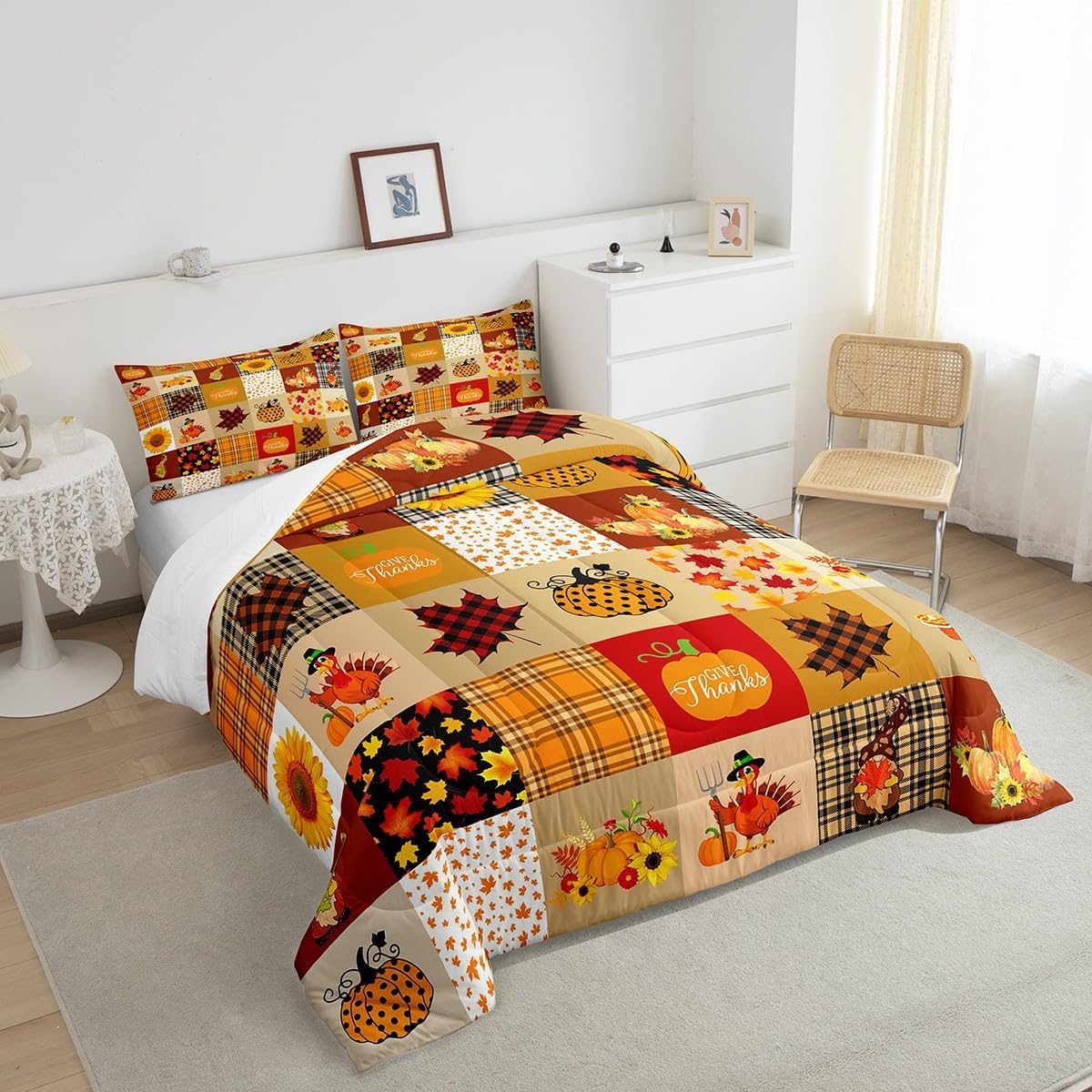 Juego de edredón de cuadrícula de calabaza otoñal, rústico, de granja, hoja de arce, girasol, juego de edredón de Acción de Gracias, Turquía, para