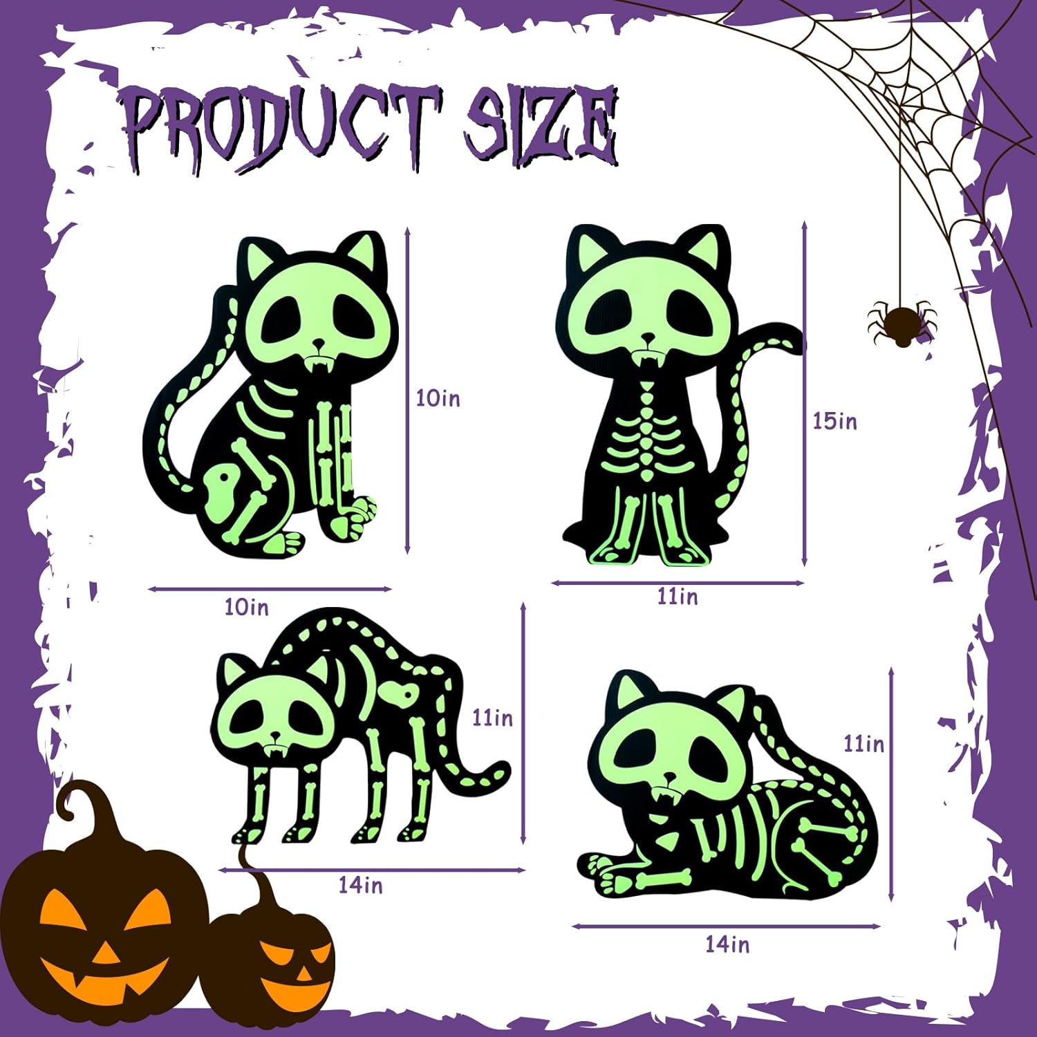 Decoraciones de Halloween para patio, letreros de gato al aire libre que brilla en la oscuridad, esqueleto de gato con estacas para espeluznante