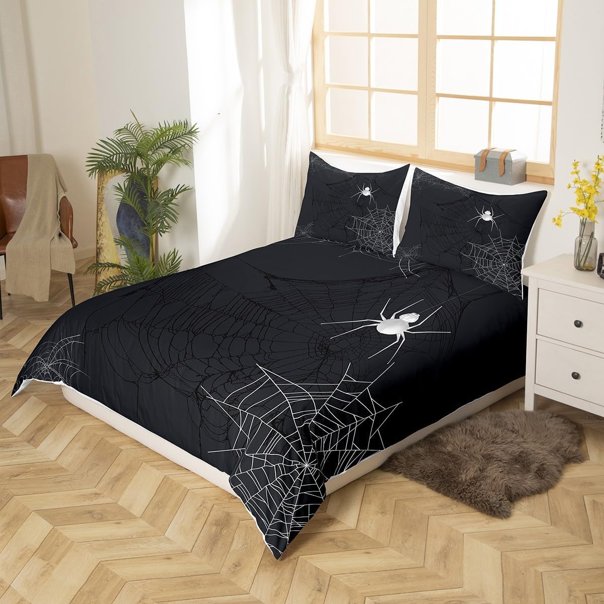 Juego de ropa de cama de tela de araña, tamaño matrimonial, para niños, niñas, adolescentes, color blanco y negro, funda de edredón transpirable con