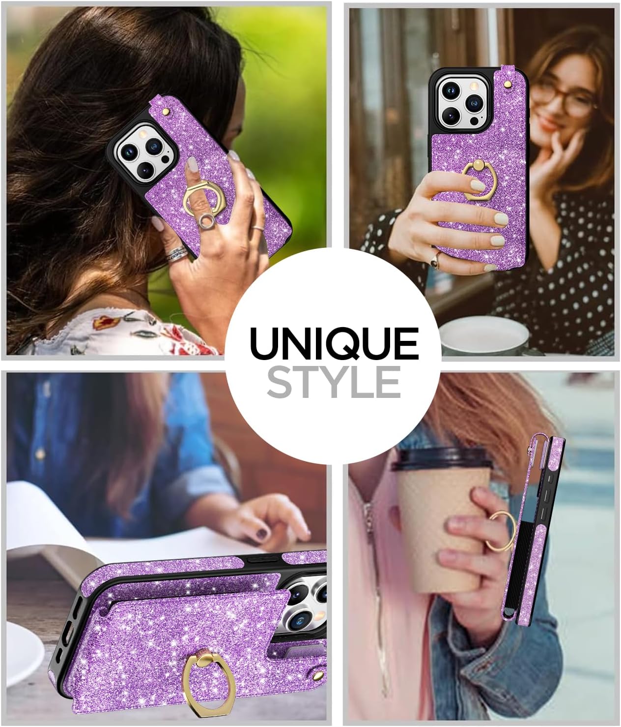 AICase Funda para tarjetas compatible con iPhone 15 Pro Max, funda protectora con purpurina brillante para mujer con soporte de anillo y 8 ranuras