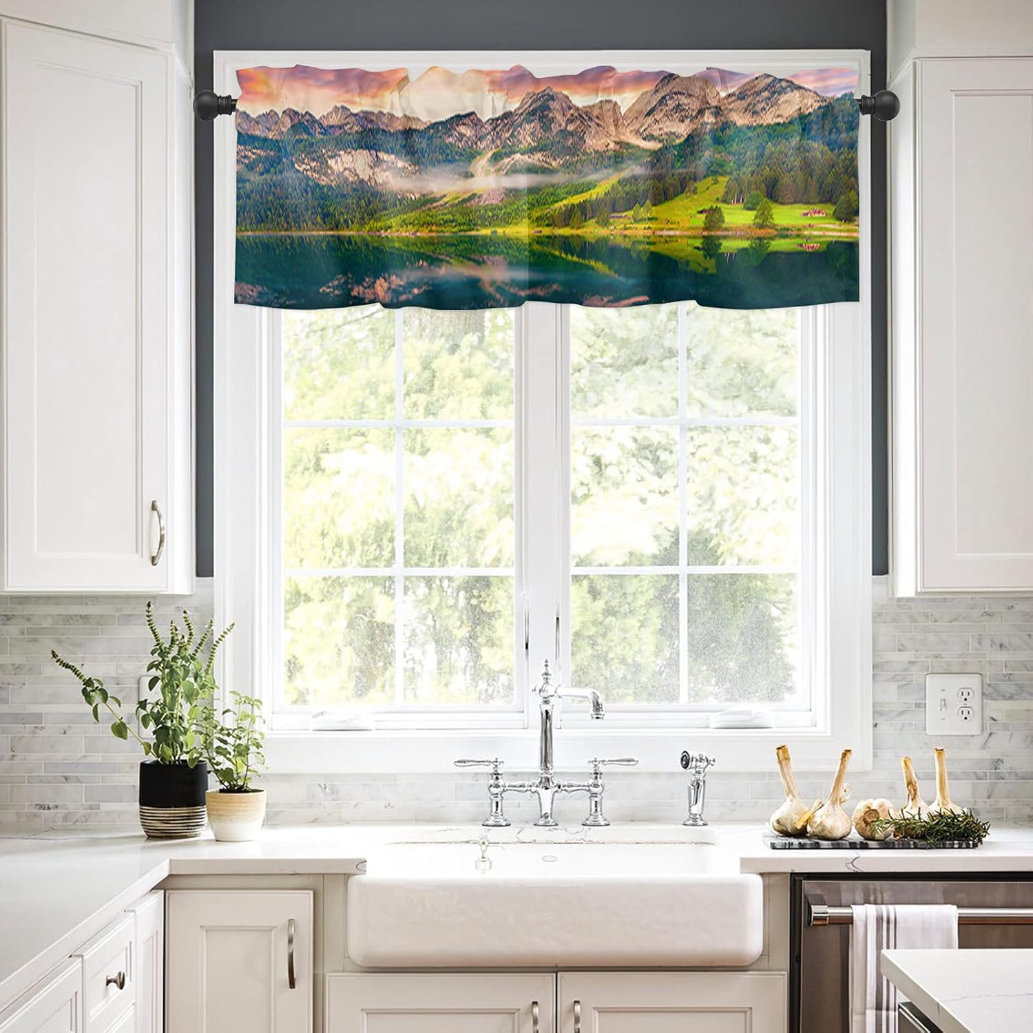 Valance Curtain for Windows,Natural Landscape Scenery Beautiful Dreamy Sundown Sunset Lake Window Treatment Valance for Living Room Decor,Rod Pocket