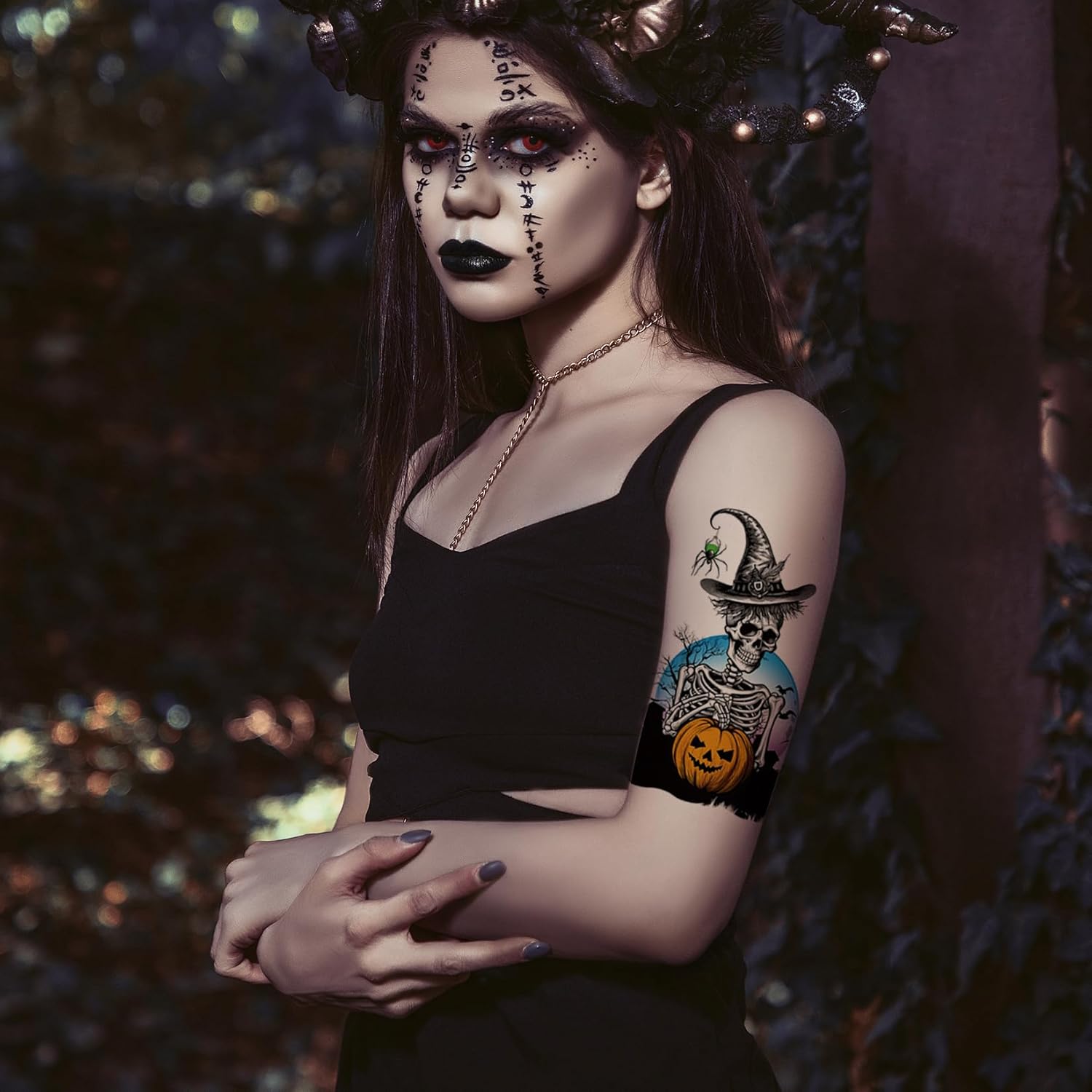 CARGEN Mangas de tatuajes temporales de Halloween, 6 hojas de Halloween, medio brazo largo, calavera, calabaza, mangas de tatuaje temporal para