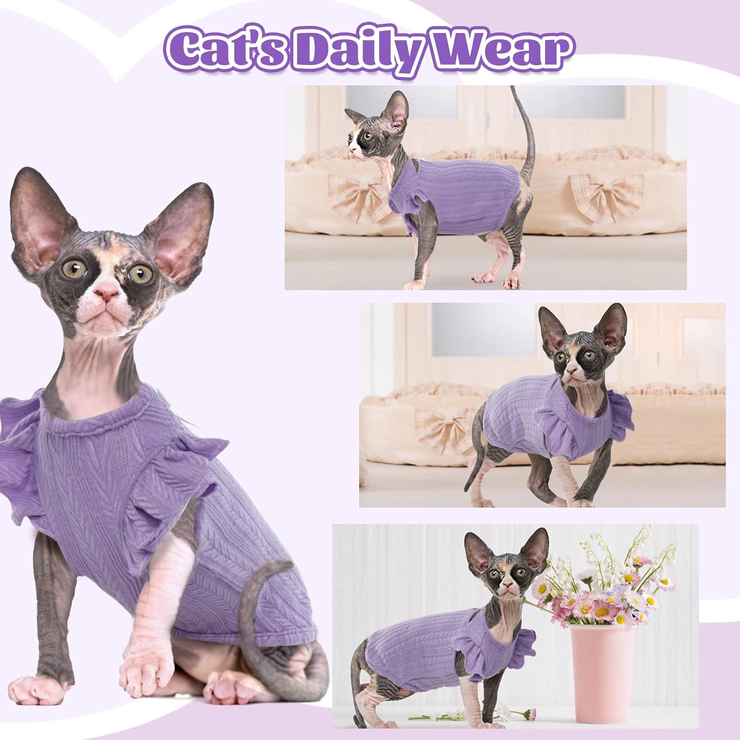 DENTRUN Sphynx – Camisa de gatos sin pelo, ropa de gatito con mangas con volantes, transpirable, pijama para gatos, Púrpura