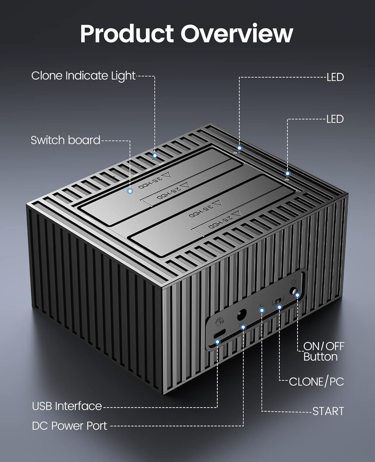 ORICO Estación de acoplamiento de disco duro externo USB3.2 Gen 1 Duplicador de disco duro de aluminio con función de clon fuera de línea para