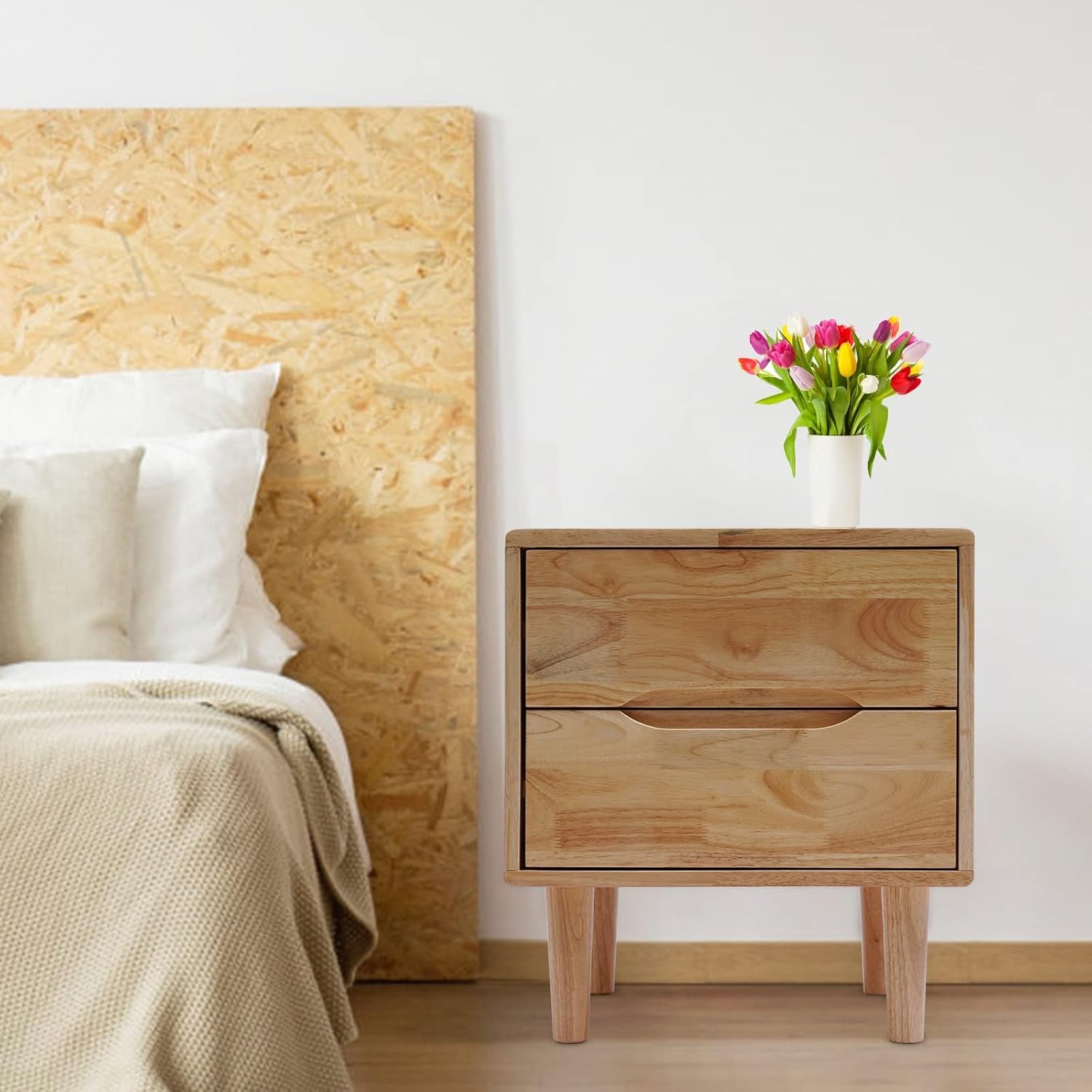 Mesitas de noche modernas de madera con mango ranurado de mediados de siglo, mesa auxiliar para dormitorio, cajón de almacenamiento y estante con 2